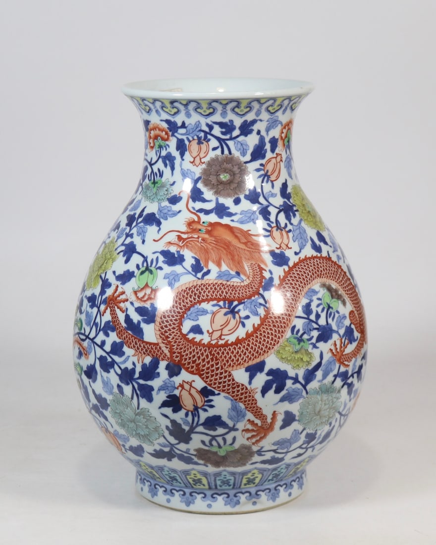 A Rare Blue and White Doucai Lotus,Dragon and Phoenix Pattern Vase: A Rare Blue and White Doucai Lotus,Dragon and Phoenix Pattern Vase,Qing Dynasty,China,Qianlong Six-character Mark,Size:14.6inx6.7in青花斗彩缠枝莲龙Ñ