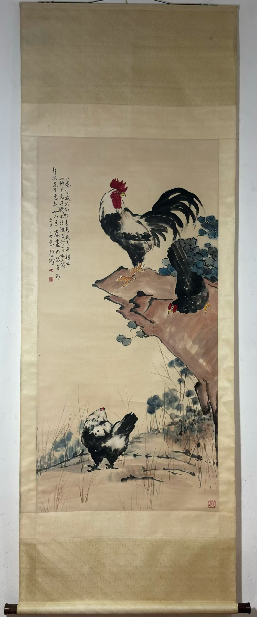 A Chinese Vertical Scroll Ink Painting of Rooster on Paper,Xu Beihong: A Chinese Vertical Scroll Ink Painting of Rooster on Paper,Xu Beihong,Size:(Without