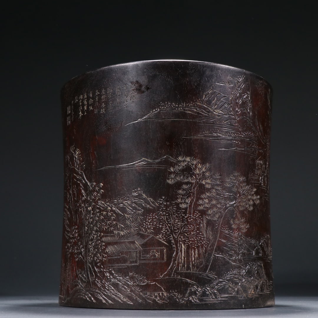 An Exquisite Zitanwood Landscape and Figure Pattern Brush Pot,With Poem: An Exquisite Zitanwood Landscape and Figure Pattern Brush Pot,With Poem,Qing