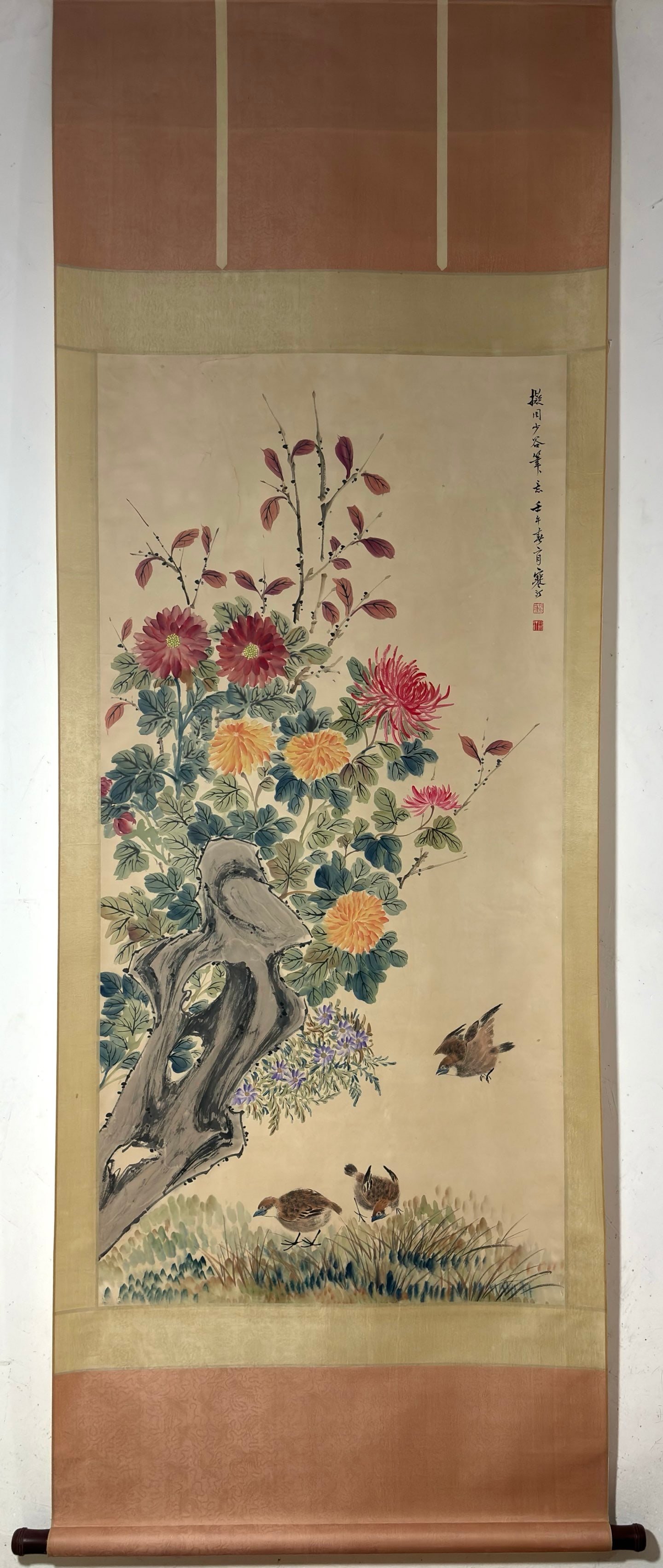 A Chinese Vertical Scroll Ink Painting of Flower and Bird on Paper,Jiang Hanting: A Chinese Vertical Scroll Ink Painting of Flower and Bird on Paper,Jiang Hanting,Size:(Without frame)53.9inx26.4in一幅中国水墨花鸟画立๘