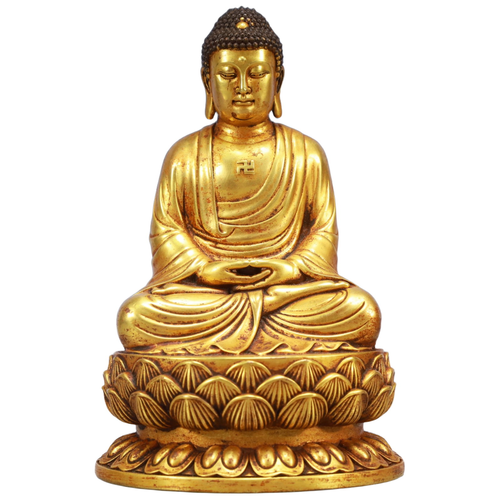 A Solemn Gilt Bronze Statue of Sakyamuni: A Solemn Gilt Bronze Statue of Sakyamuni,Ming Dynasty, China,Yongle Six-character Mark,Size:3.9inx3.3inx6.3in,Weight:2150g