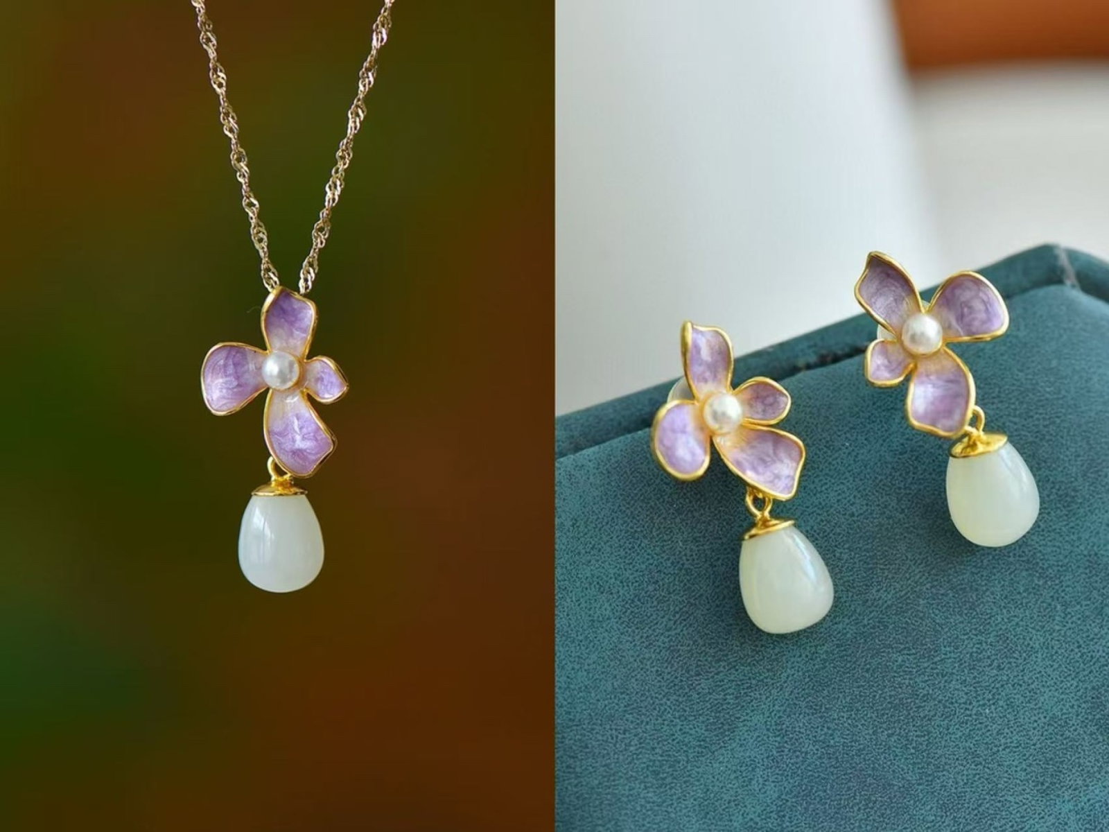 A Set of Fine Sterling Silver-Gold Plated Inlaid White Jade Jewelrys,Inlaid Pearls: A Set of Fine Sterling Silver-Gold Plated Inlaid White Jade Jewelrys,Inlaid Pearls,Size:7mmx10mm 一套纯银镀金镶白玉首饰,嵌ஔ