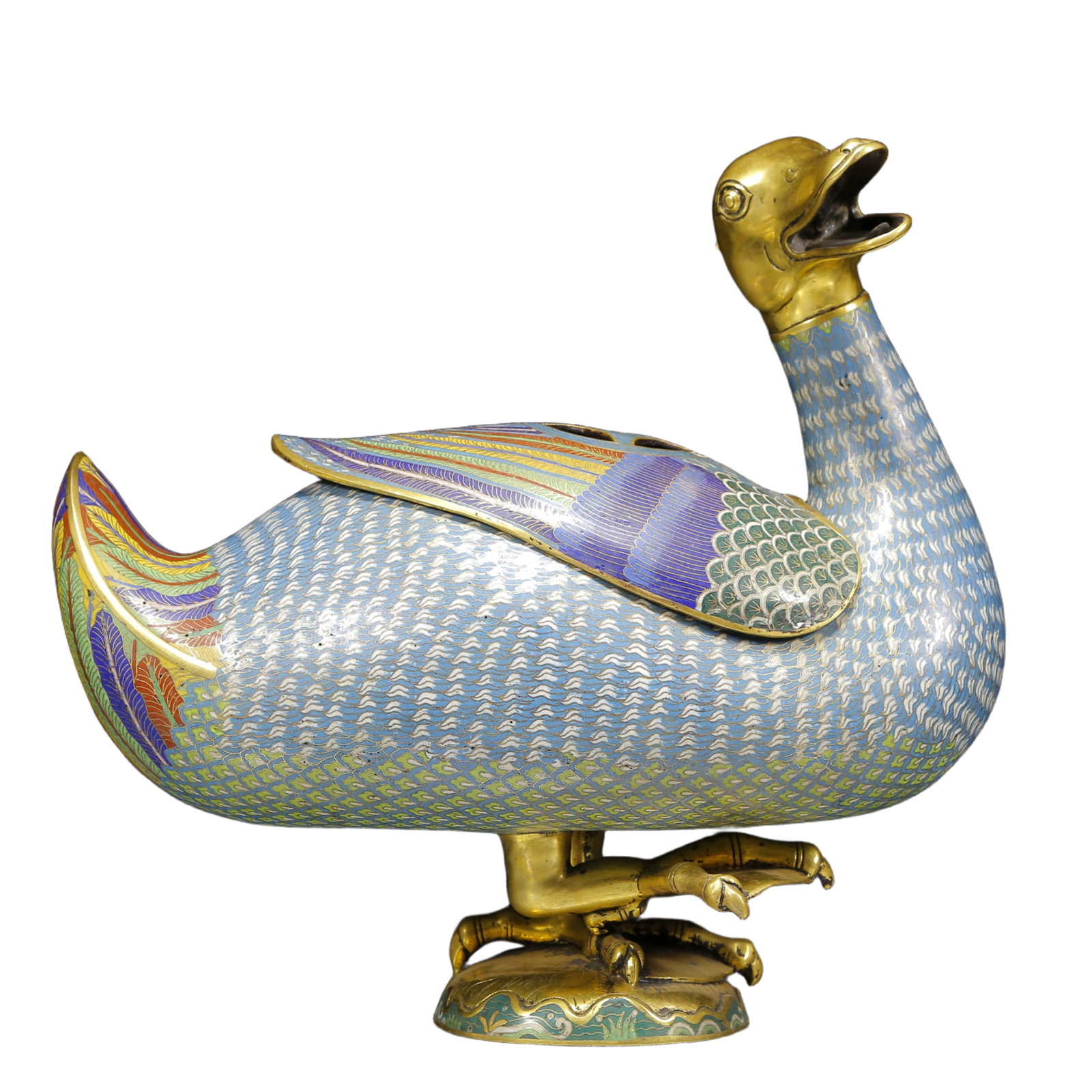 A Rare Cloisonne Duck-Shaped Censer: A Rare Cloisonne Duck-Shaped Censer,Qing Dynasty, China,Qianlong Four-character Mark,Size:14.6inx6.7inx14.2in,Weight:12085g 景泰蓝鸭型香炉，清