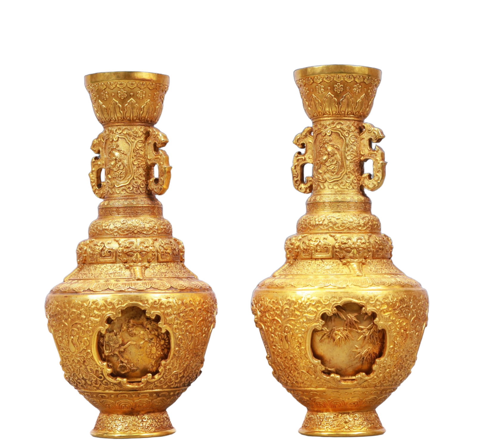 A Pair of Rare Gilt Bronze Flower Pattern Double-Ears Vases: A Pair of Rare Gilt Bronze Flower Pattern Double-Ears Vases,Qing Dynasty, China,Qianlong Four-character Mark,Size:4.7inx10.2in,Weight:3050g