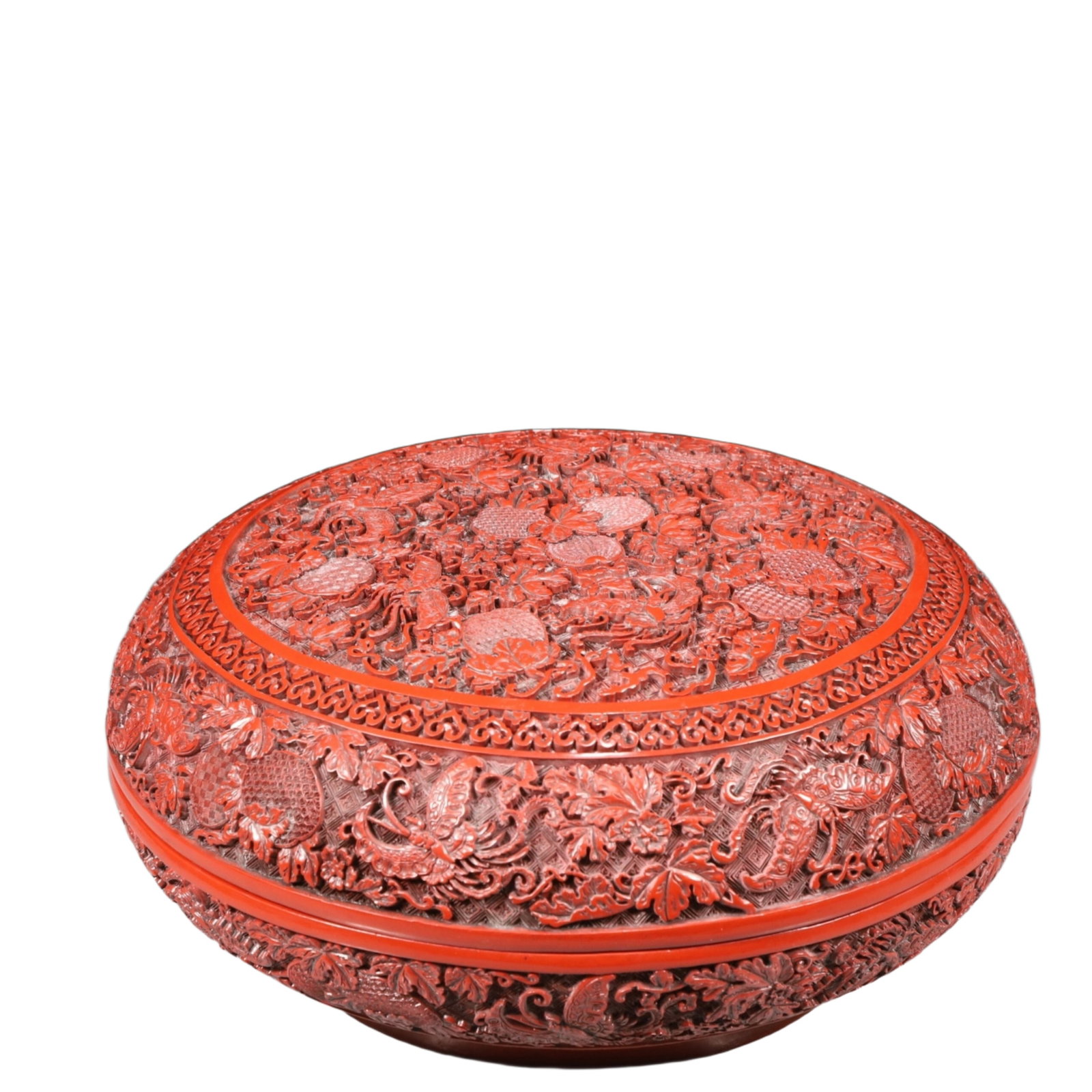 A Rare Carved Red Lacquer Flower and Butterfly Pattern Cover Box,with an Imperial Poem by Emperor: A Rare Carved Red Lacquer Flower and Butterfly Pattern Cover Box,with an Imperial Poem by Emperor Qianlong,Qing Dynasty, China,Size:15inx6.7in,Weight:5150g 剔红漆花卉"