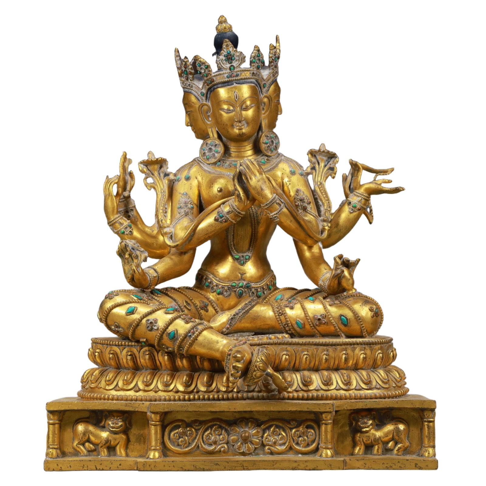 An Excellent Gilt-Bronze Gem-Inlaid Figure Of Dakini: An Excellent Gilt-Bronze Gem-Inlaid Figure Of Dakini. Seated on a base with a peaceful expression,body adorned with jewelry ornaments,topknot surmounted by a splendid diadem,and leafy plants flanking 