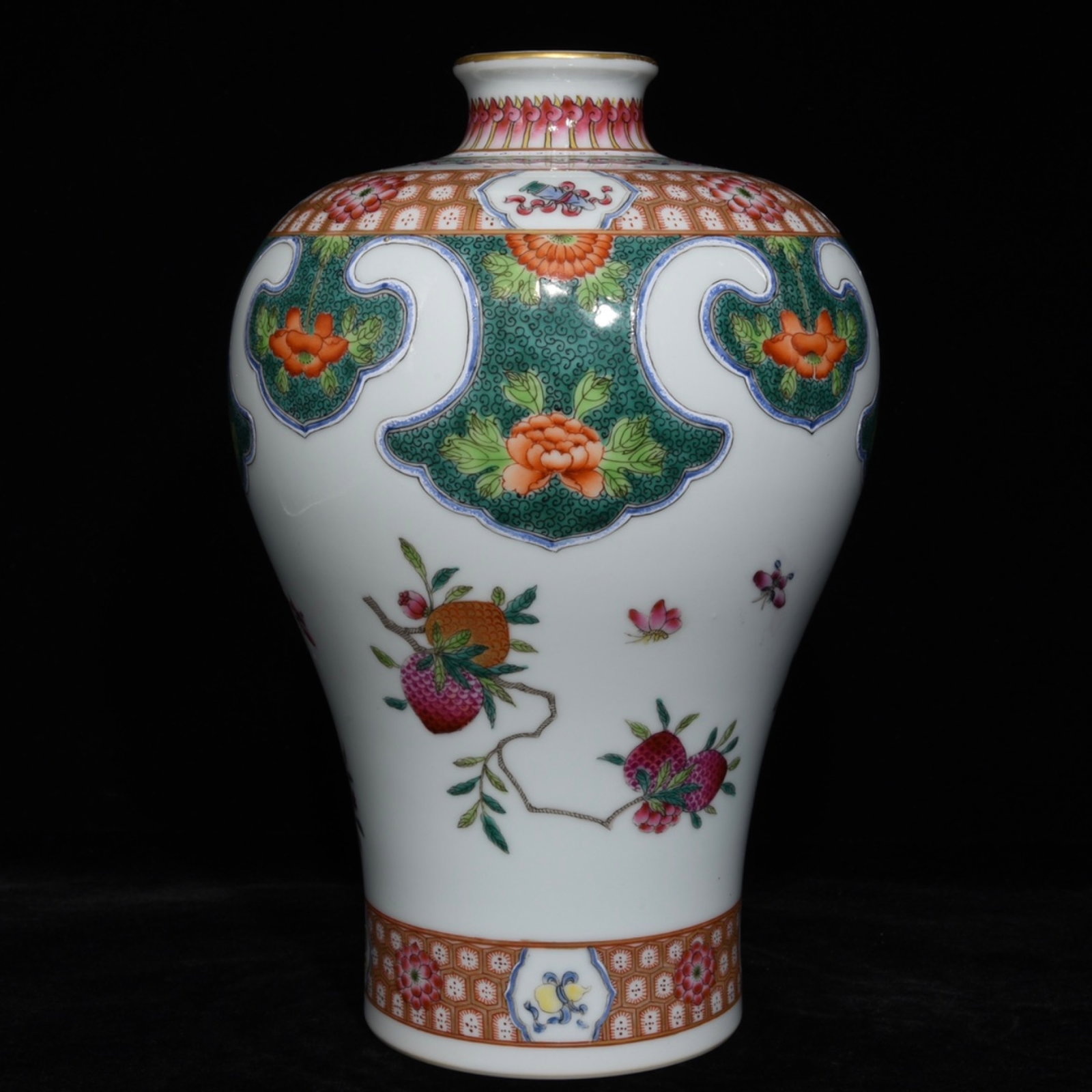 An Exquisite Famille-Rose Painted Gold Flower and Fruit Pattern Vase: An Exquisite Famille-Rose Painted Gold Flower and Fruit Pattern Vase,Qing Dynasty,China,Yongzheng Six-character Mark,Size:11.4inx7.5in 粉彩描金花果纹瓶,