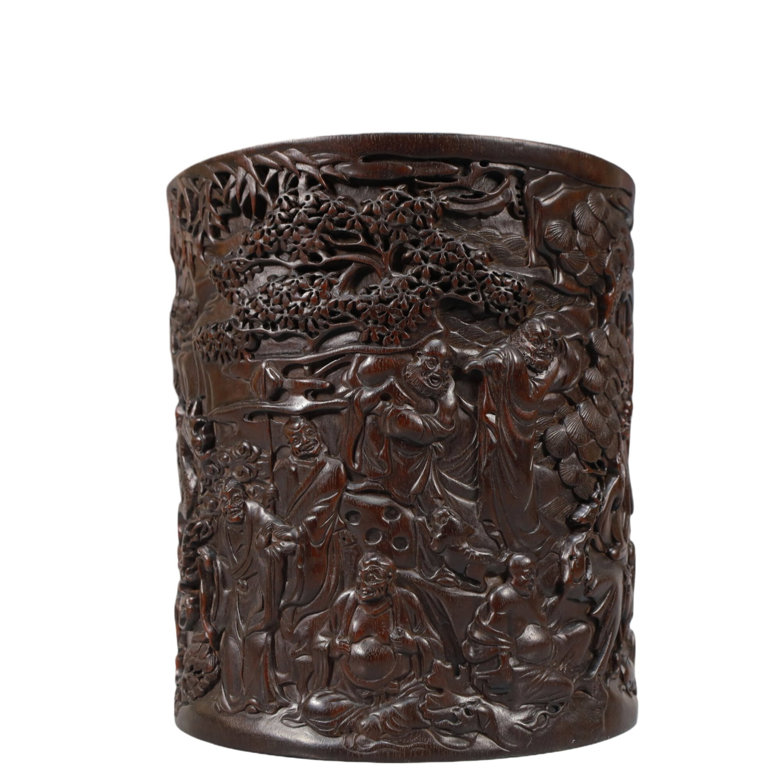 An Exquisite Zitanwood Character and Story Pattern Brush Pot: An Exquisite Zitanwood Character and Story Pattern Brush Pot,Qing Dynasty,China,Size:7.7inx6.9in,Weight:1900g 紫檀木人物故事纹笔筒,中&