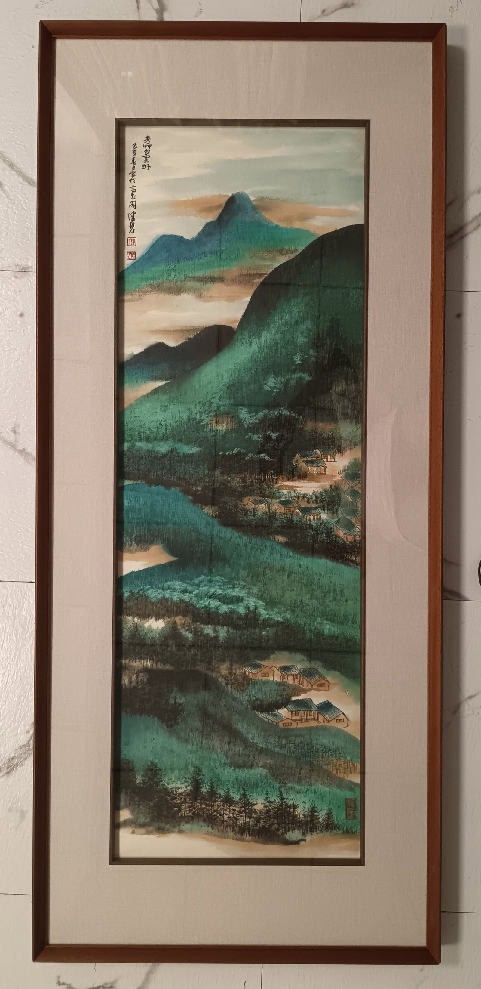 A Chinese Ink Painting of Landscape on Paper with Frame: A Chinese Ink Painting of Landscape on Paper with Frame,Chen Peiqiu,Size:14.2inx43.3in 一幅中国水墨山水画带画框,陈佩
