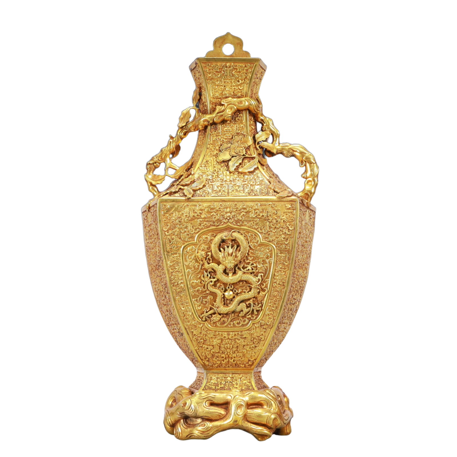 A Rare Gilt Bronze Lotus and Dragon Pattern Vase: A Rare Gilt Bronze Lotus and Dragon Pattern Vase,Qing Dynasty, China,Qianlong Six-character Mark,Size:7.5inx2.8inx17.1in,Weight:4150g 铜鎏金缠枝莲龙纹&#