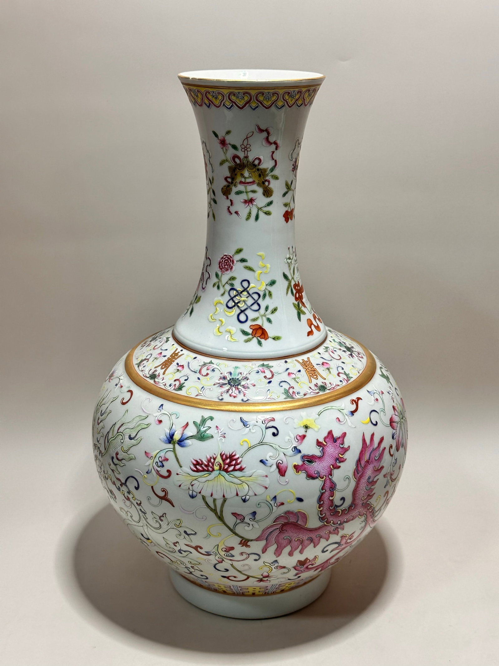 A Rare Famille-Rose Painted Gold Lotus and Phoenix Pattern Vase: A Rare Famille-Rose Painted Gold Lotus and Phoenix Pattern Vase,Qing Dynasty,China,Guangxu Six-character Mark,Size:15.1inx12.9in 粉彩描金缠枝莲凤纹