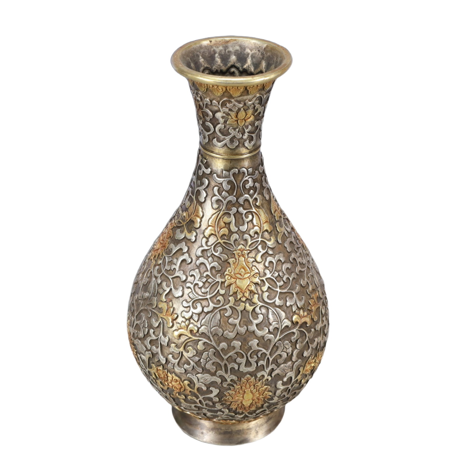 A Rare Gilt Silver Lotus Pattern Vase: A Rare Gilt Silver Lotus Pattern Vase,Tang Dynasty, China,Size:5.7inx11in,Weight:1100g 银鎏金缠枝莲纹瓶,中国唐代