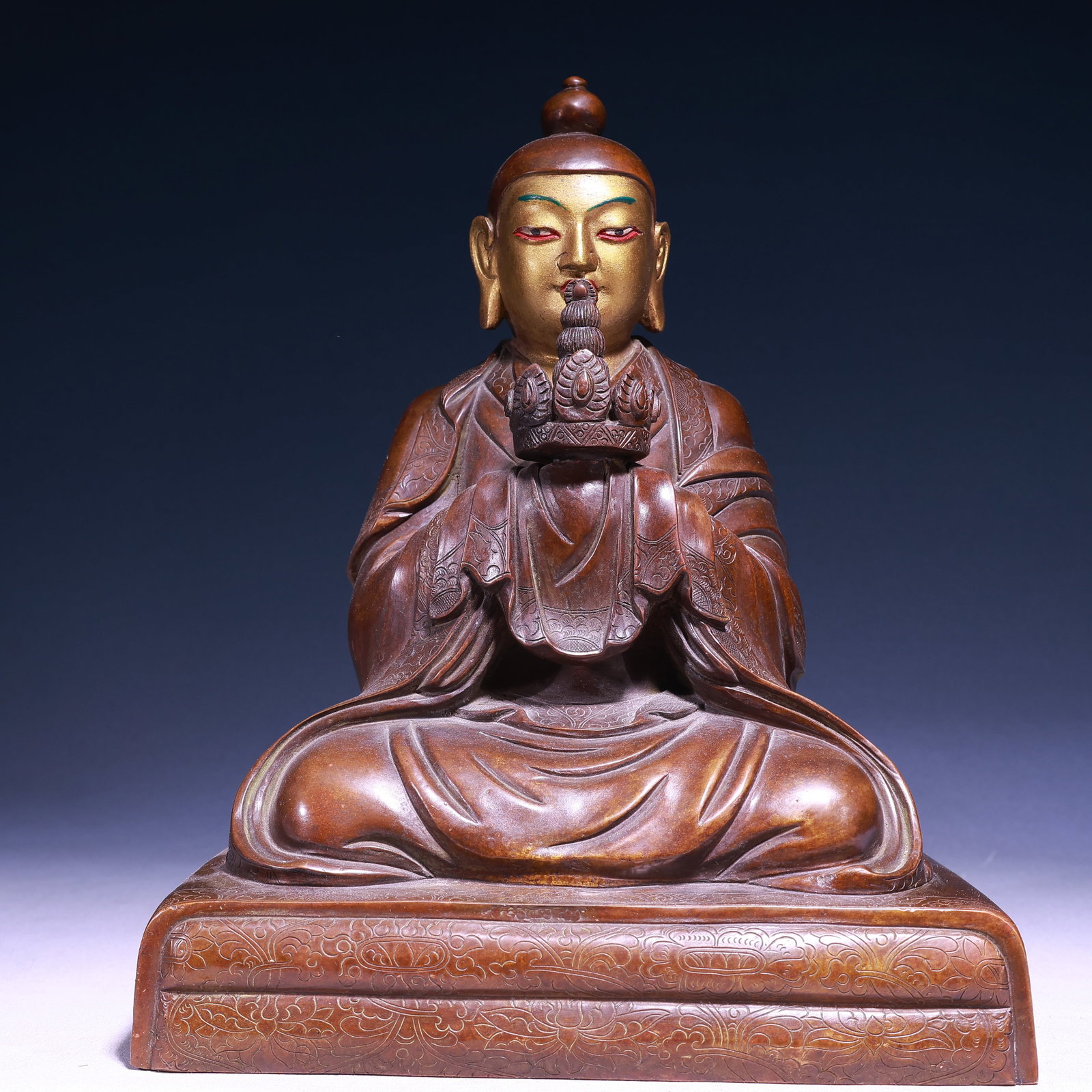 A Solemn Gilt Bronze Buddha Statue,With Inscription: A Solemn Gilt Bronze Buddha Statue,With Inscription,Qing Dynasty,China,Size:9.8inx6.3inx12.6in,Weight:8350g