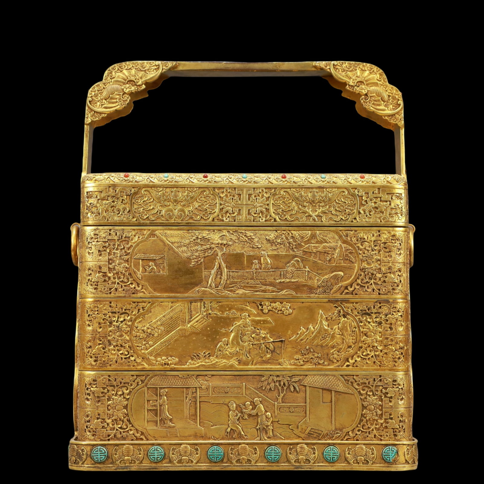 A Rare Gilt Bronze Landscape and Figure Pattern Box,Inlaid Turquoise: A Rare Gilt Bronze Landscape and Figure Pattern Box,Inlaid Turquoise,Qing Dynasty, China,Qianlong Four-character Mark,Size:11.8inx8.3inx14.2in,Weight:13500g 铜鎏金山水
