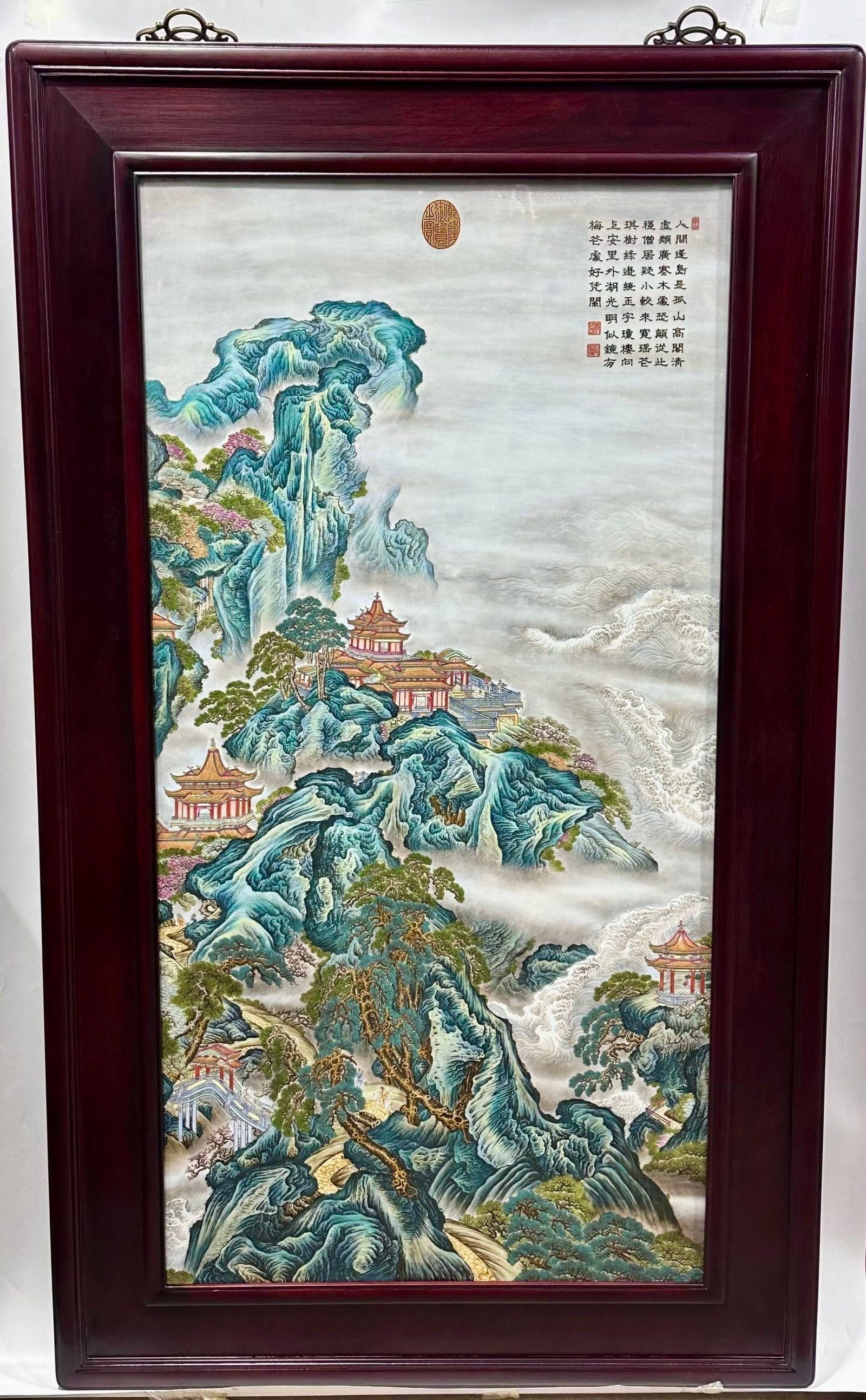 A Huge Enamel Landscape Pattern Porcelain Plaques,with poem: A Huge Enamel Landscape Pattern Porcelain Plaques,with poem,Qing Dynasty,China,Qianlong Six-character Mark,Size:52.9inx31.1in 珐琅彩山水纹瓷板,带&