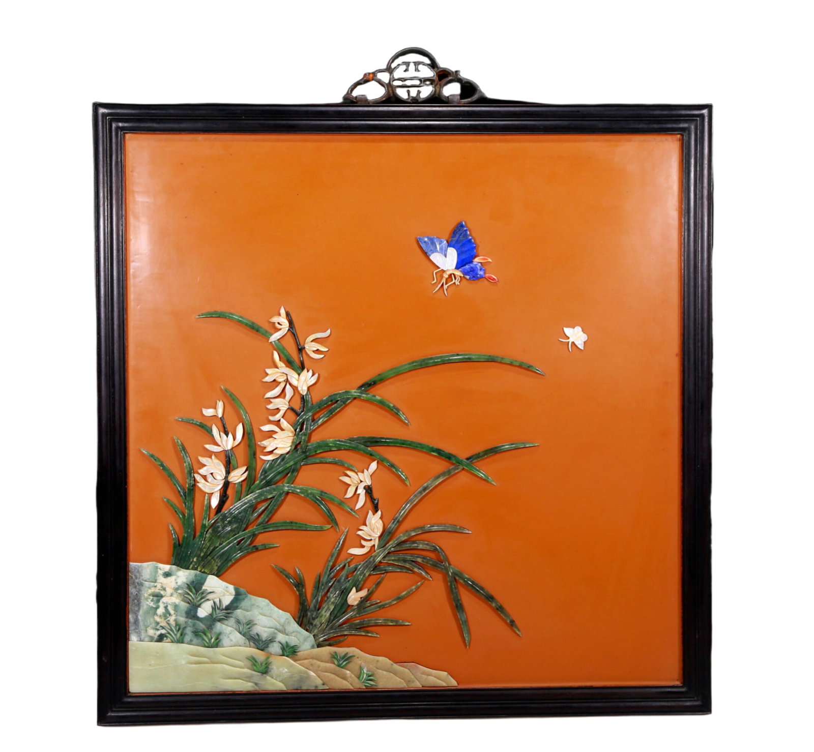 An Elaborate Wood-Lacquered Gem-Inlaid 'Orchid& Butterfly' Hanging Screen: An Elaborate Wood-Lacquered Gem-Inlaid 'Orchid& Butterfly' Hanging Screen. All reserved on an orange ground. Chinese Qing Dynasty. Size:21.5inx21.7in 清代 木胎上漆&