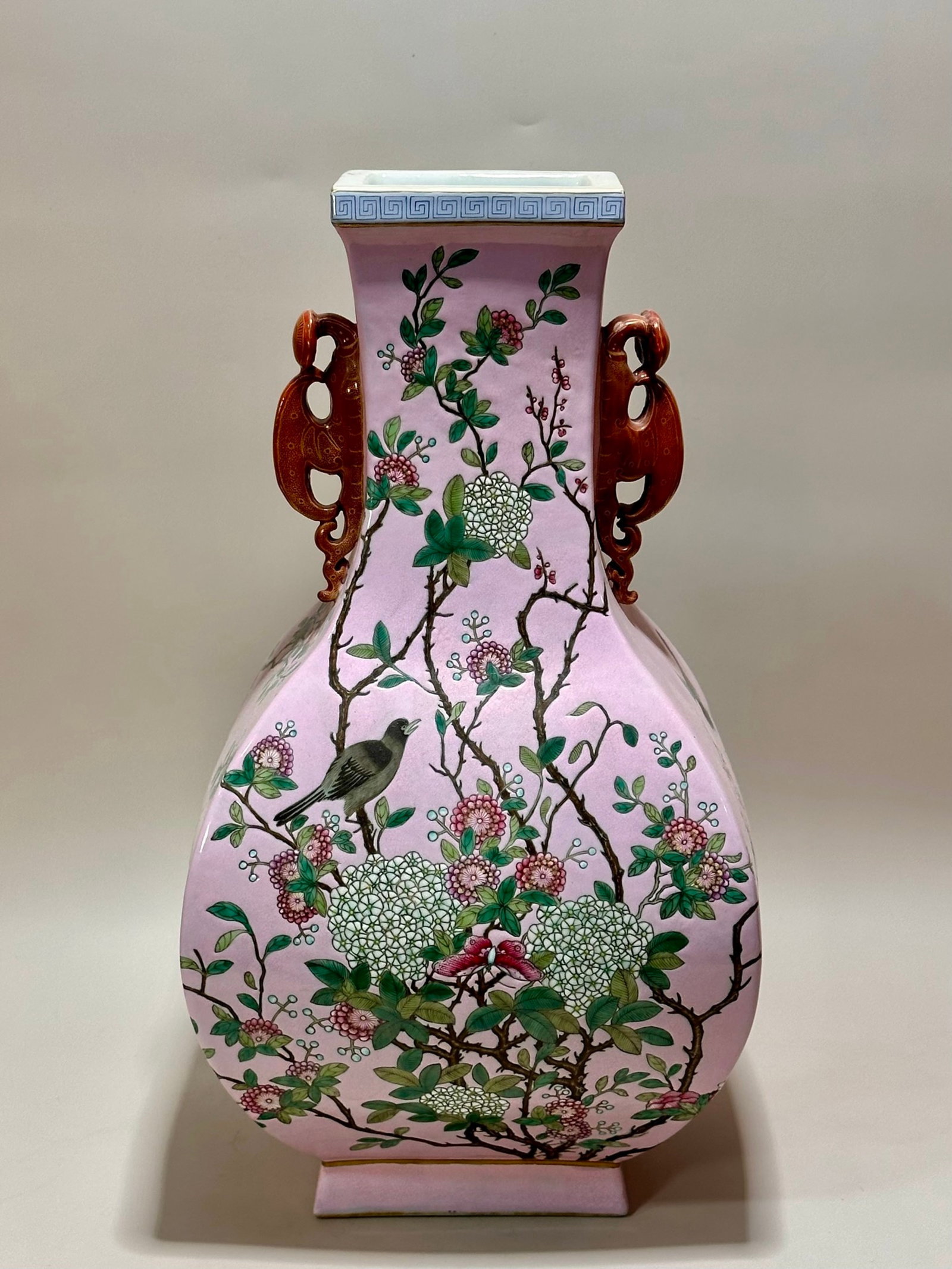 A Rare Famille-Rose Flower and Bird Pattern Double-Ears Vase: A Rare Famille-Rose Flower and Bird Pattern Double-Ears Vase,Qing Dynasty,China,Daoguang Six-character Mark,Size:15inx8.1in