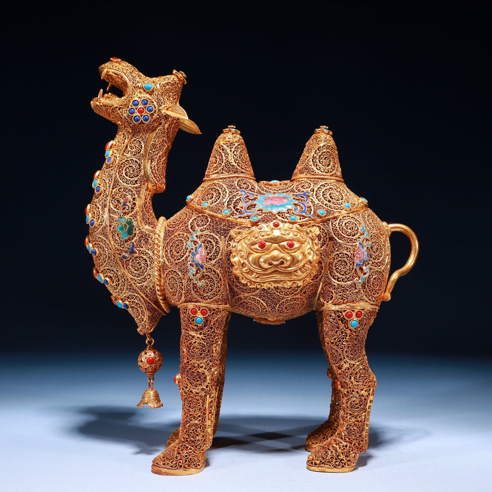 An Exquisite Filigree and Gilding Lotus Pattern Camel Ornament,Inlaid Turquoise: An Exquisite Filigree and Gilding Lotus Pattern Camel Ornament,Inlaid Turquoise,Qing Dynasty,China,Qianlong Four-character Mark,Size:8.7inx3.5inx10.6in,Weight:950g