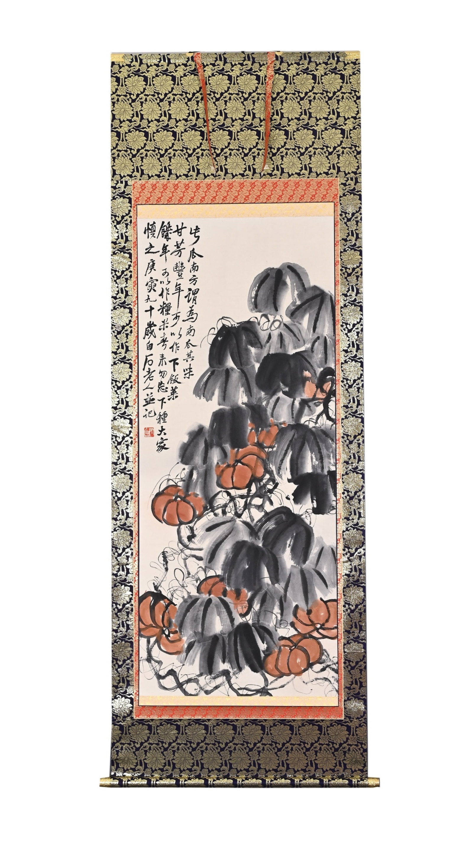 A Chinese Vertical Scroll Ink Painting of Flower on Paper: A Chinese Vertical Scroll Ink Painting of Flower on Paper,Qi Baishi,Size:49.2inx20.1in 一幅中国水墨花卉画立轴,齐白石
