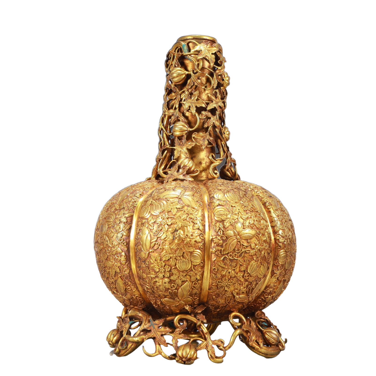 A Rare Gilt Bronze Flower and Fruit Pattern Vase: A Rare Gilt Bronze Flower and Fruit Pattern Vase,Qing Dynasty, China,Qianlong Four-character Mark,Size:9.1inx16.5in,Weight:7500g