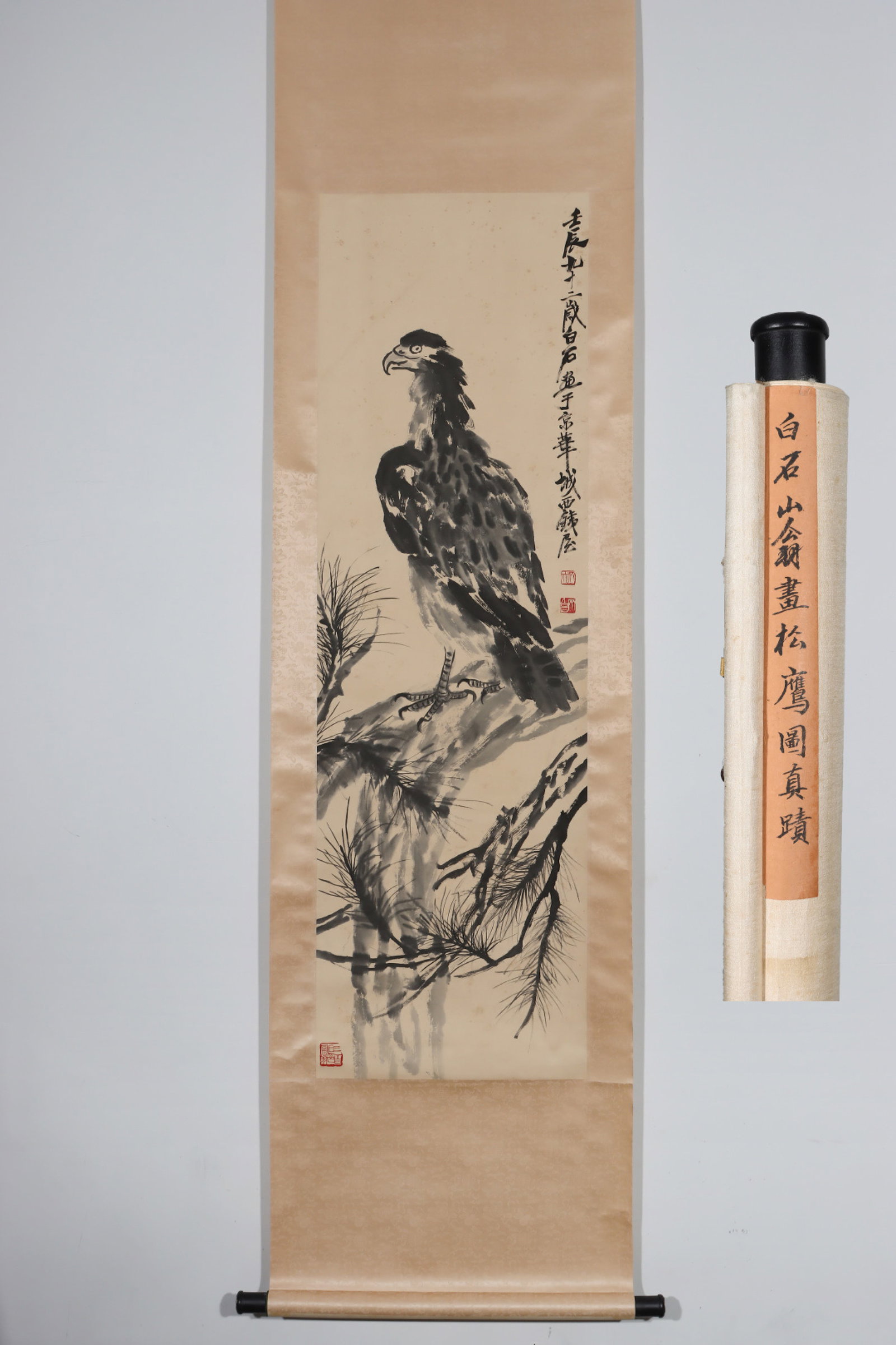 A Chinese Vertical Scroll Ink Painting of Pine and Eagle on Paper: A Chinese Vertical Scroll Ink Painting of Pine and Eagle on Paper,Qi Baishi,Size:55.1inx16.9in