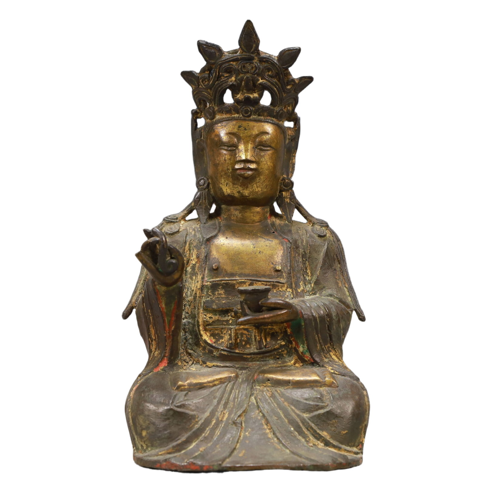An Excellent Gilt-Bronze Figure Of Guanyin: An Excellent Gilt-Bronze Figure Of Guanyin. Seated,body rendered clad in long,flowing robes,the voluminous drapery elegantly cascading in folds. Chinese Ming Dynasty. Size:4.3inx4.1inx8.5in. Weight:11