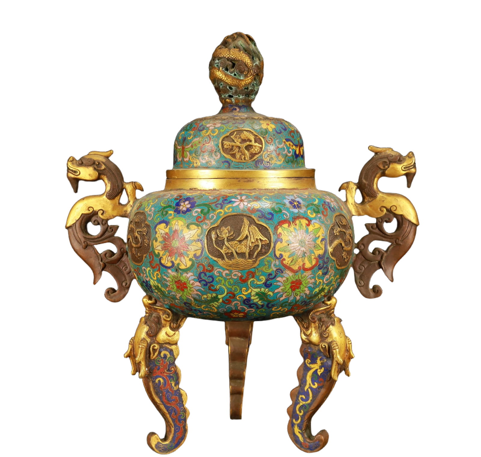 A Rare Cloisonne Flower and Butterfly Pattern Dragon-Ears Tripod Censer: A Rare Cloisonne Flower and Butterfly Pattern Dragon-Ears Tripod Censer,(A type of enamelware with metal wires separating colored glaze, originating in China),Ming Dynasty,China,Jingtai Six-character 