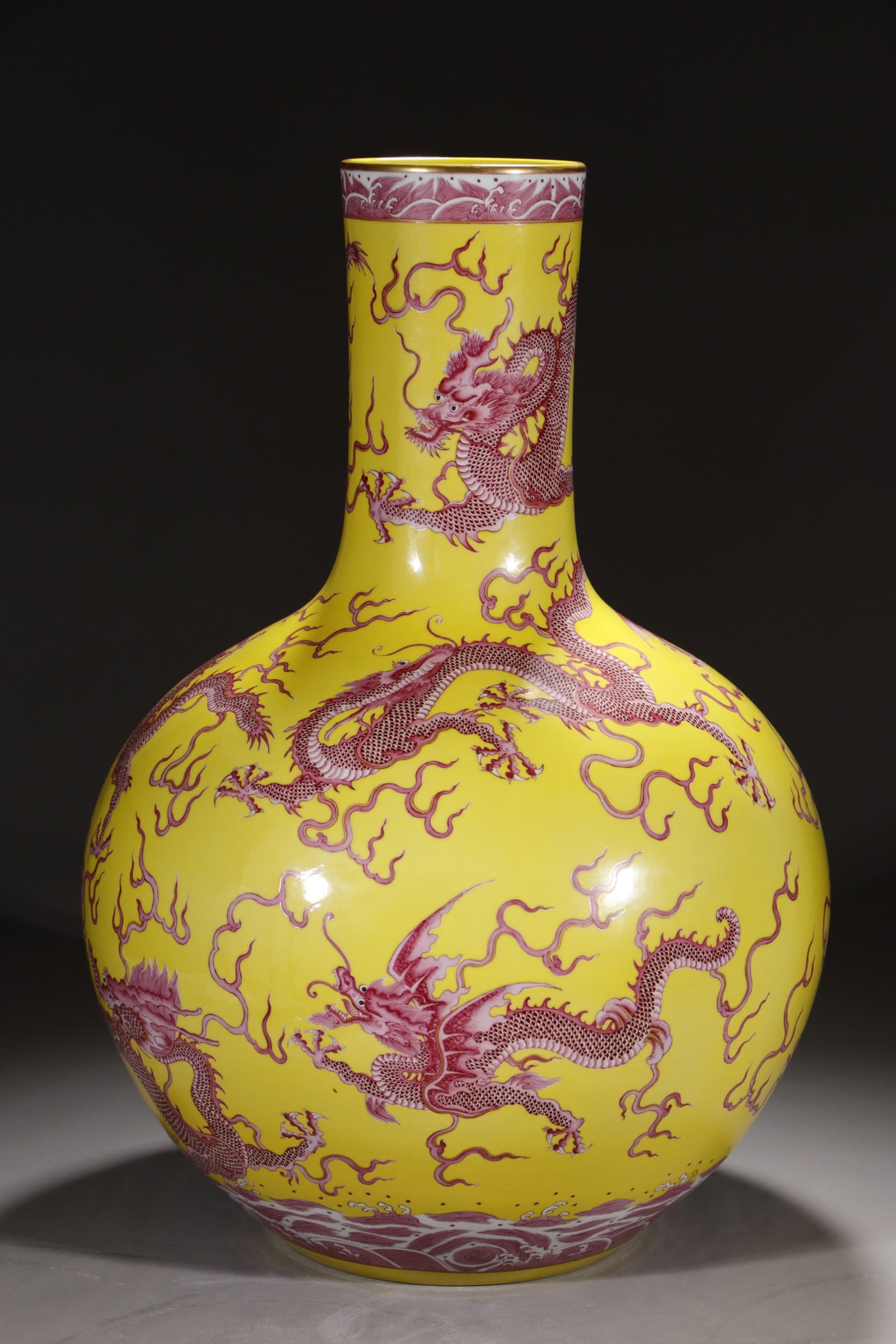 A Huge Yellow Ground Ruby red-Glazed Painted Gold Auspicious Cloud and Dragon Pattern Vase: A Huge Yellow Ground Ruby red-Glazed Painted Gold Auspicious Cloud and Dragon Pattern Vase,Qing Dynasty,China,Qianlong Six-character Mark,Size:23.2in 黄地宝石红釉&#