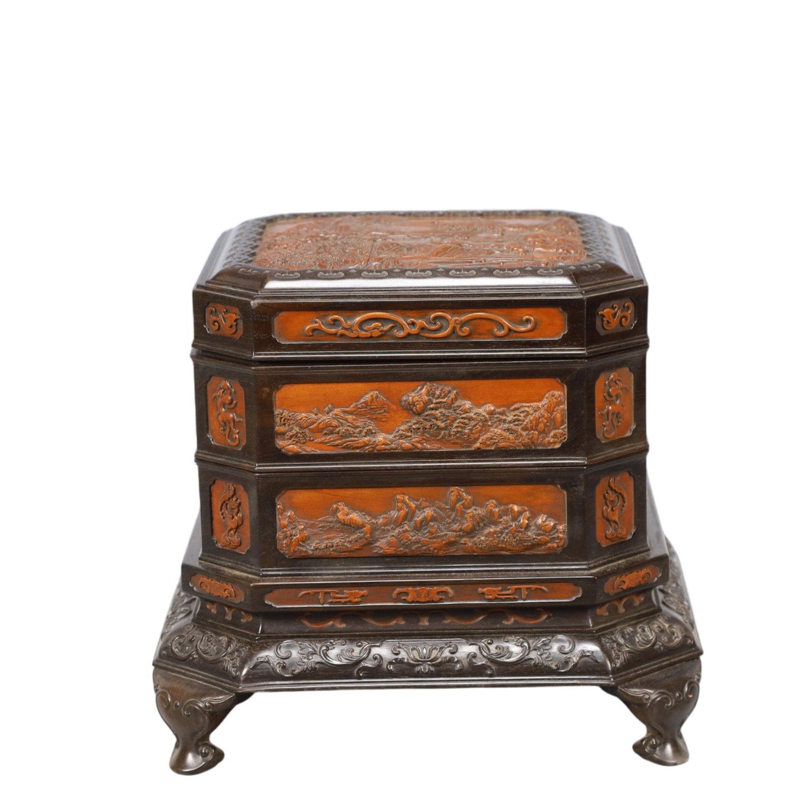 An Exquisite Zitanwood Inlaid Boxwood Landscape Pattern Box: An Exquisite Zitanwood Inlaid Boxwood Landscape Pattern Box,Qing Dynasty, China,Size:9.8inx9.8inx8.9in,Weight:2600g 紫檀木嵌黄杨木山水纹