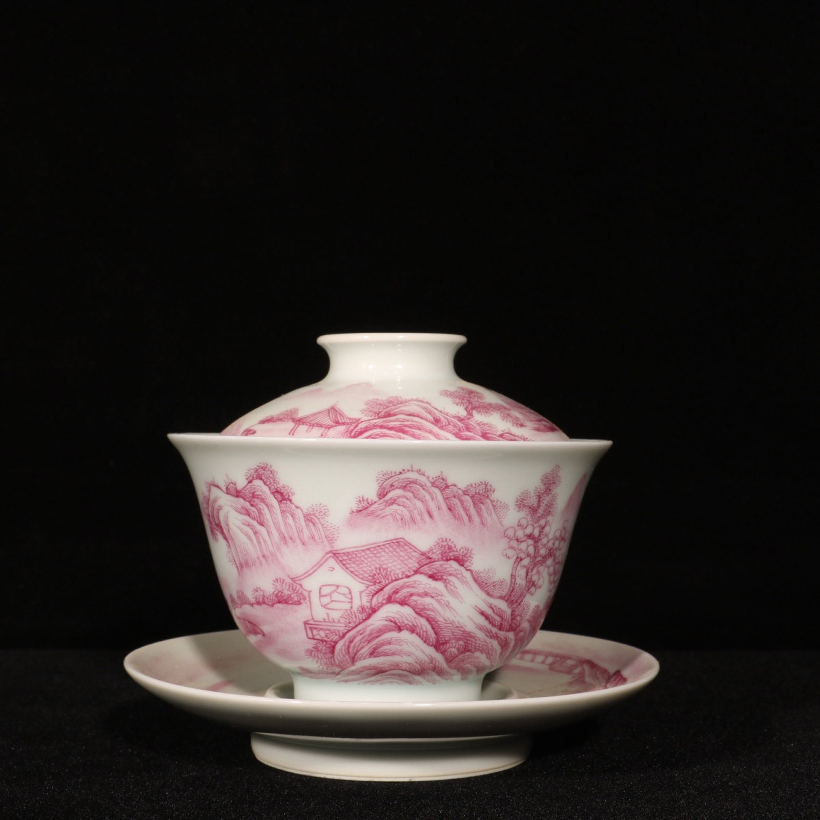 An Exquisite Ruby Red-Glazed Landscape Pattern Bowl with Cover,with Plate: An Exquisite Ruby Red-Glazed Landscape Pattern Bowl with Cover,with Plate,Qing Dynasty,China,Yongzheng Four-character Mark,Size:4.1inx4.3in