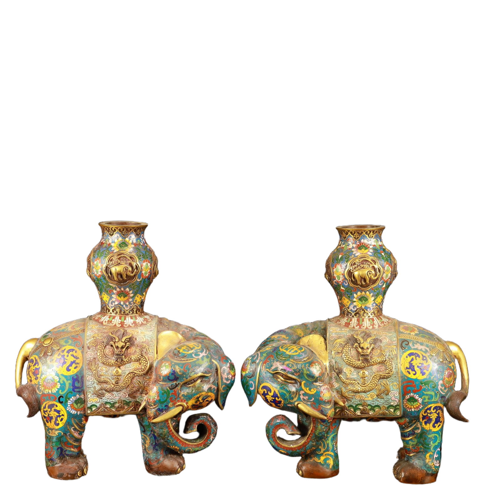 A Pair of Rare Cloisonne Flower and Dragon Pattern Elephant Ornament: A Pair of Rare Cloisonne Flower and Dragon Pattern Elephant Ornament,(A type of enamelware with metal wires separating colored glaze, originating in China),Qing Dynasty,China,Size:11.8inx7.1inx12.6in,