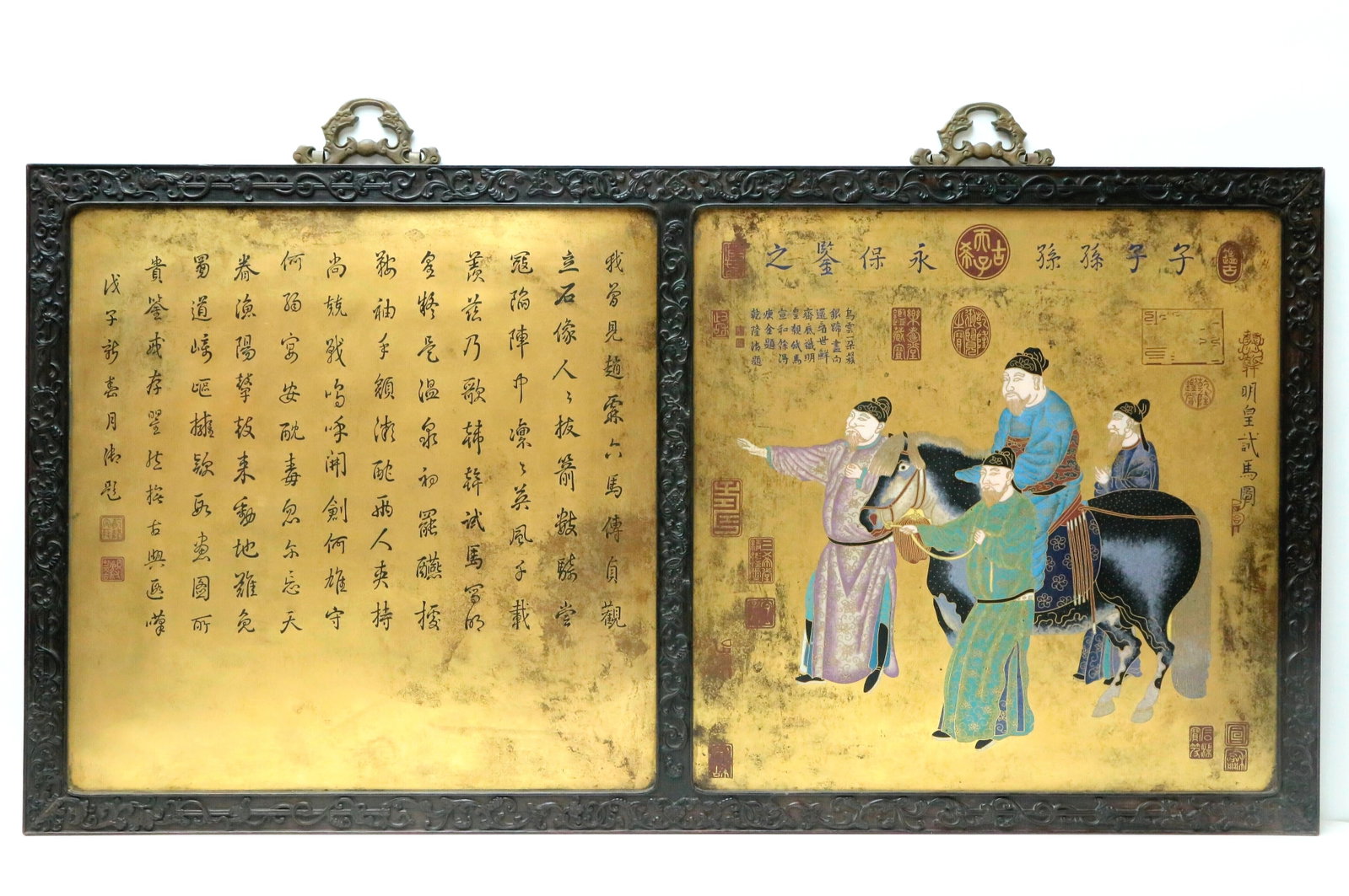 An Ingeniously Cloisonne Hanging Panel: An Ingeniously Cloisonne Hanging Panel, depicting the scene of Emperor Tang Minghuang Having a trail ridding. Finely made in of Qianlong. Size: 41.7inx21.5inx1in. Chinese Qing Dynasty royal collection