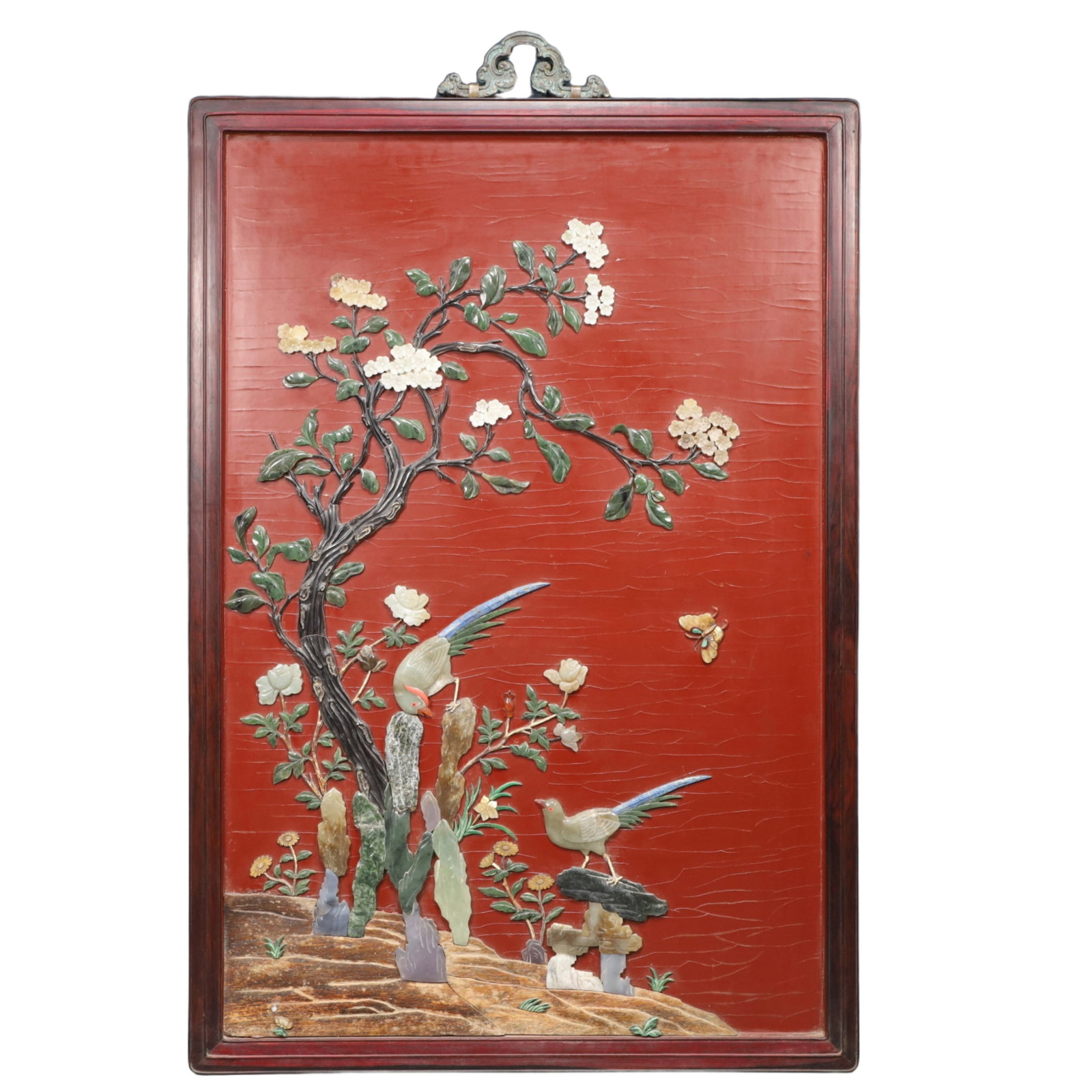 An Exquisite Redwood Inlaid Gems Flower and Bird Pattern Hanging Panel (1 of 5)