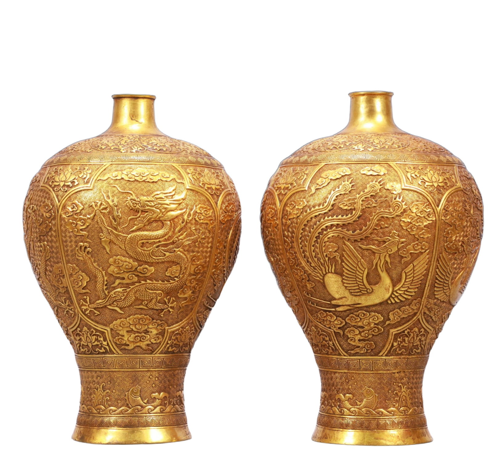 A Pair of Rare Gilt Bronze Dragon and Phoenix Pattern Vases: A Pair of Rare Gilt Bronze Dragon and Phoenix Pattern Vases,Tang Dynasty, China,Zhenguan Four-character Mark,Size:6.7inx12.2in,Weight:3850g 一对铜鎏金龙凤 
