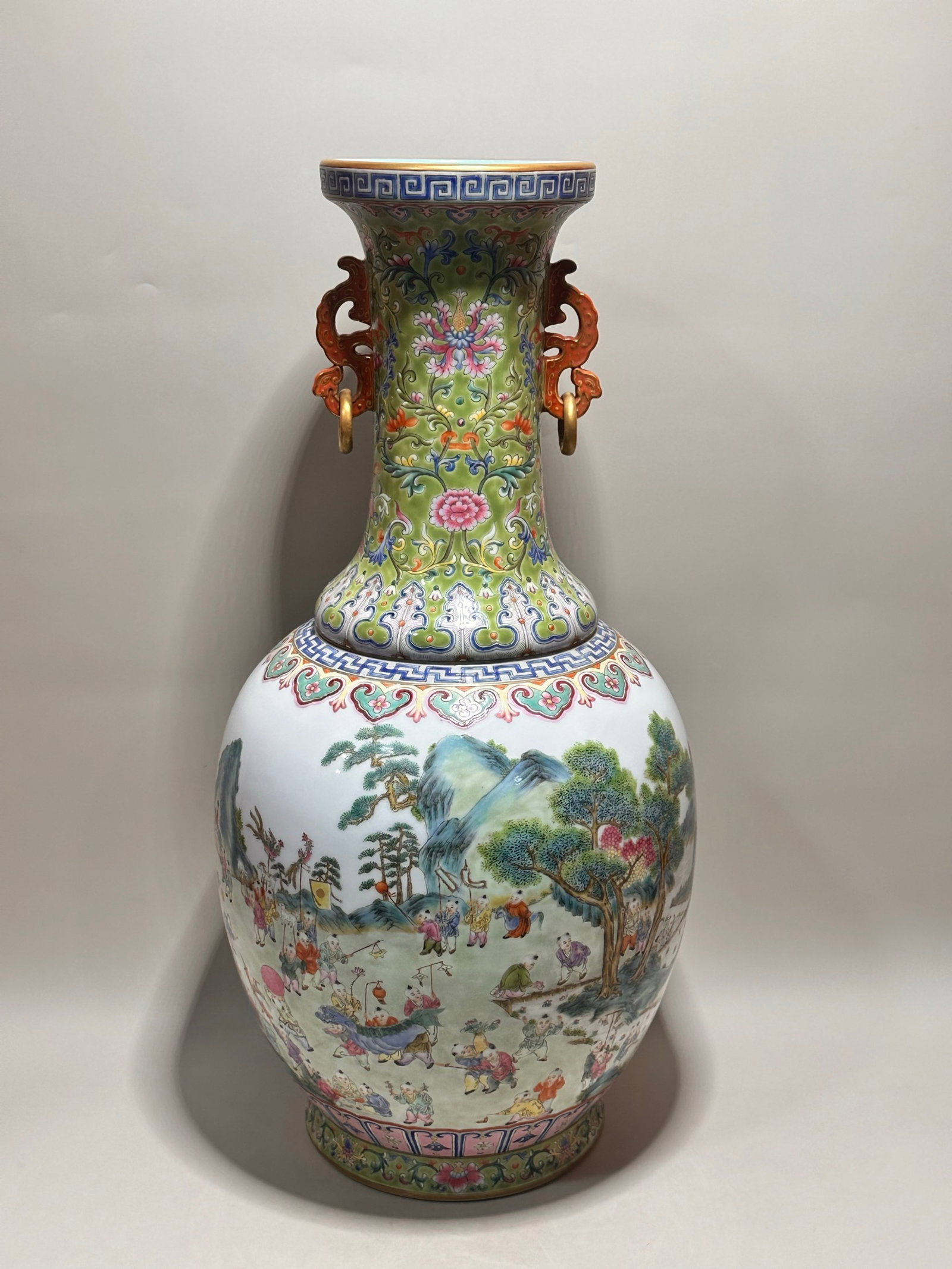 A Huge Famille-Rose Painted Gold Character and Story Pattern Double-Ears Vase: A Huge Famille-Rose Painted Gold Character and Story Pattern Double-Ears Vase,Qing Dynasty,China,Qianlong Six-character Mark,Size:21.1inx11.4in 粉彩描金人物故