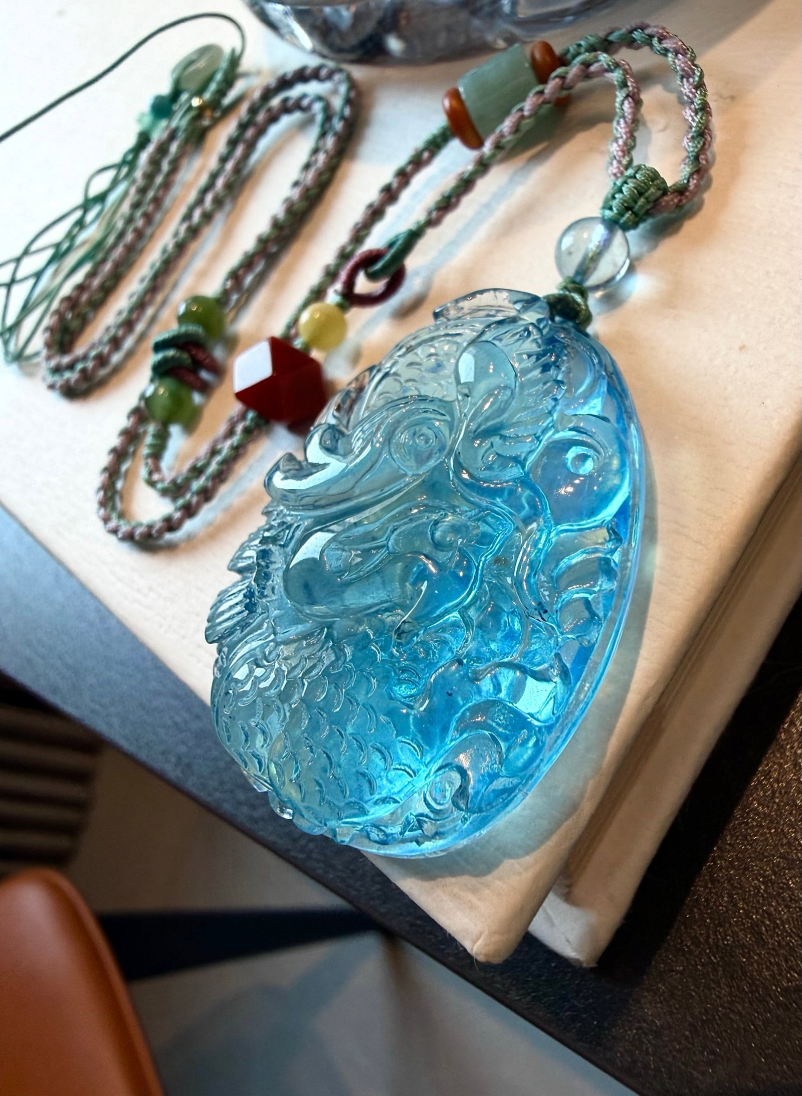 An Exquisite Aquamarine Dragon Pattern Pendant: An Exquisite Aquamarine Dragon Pattern Pendant,Size:40mmx29mmx12mm,Weight:24.7g 海蓝宝龙纹挂件