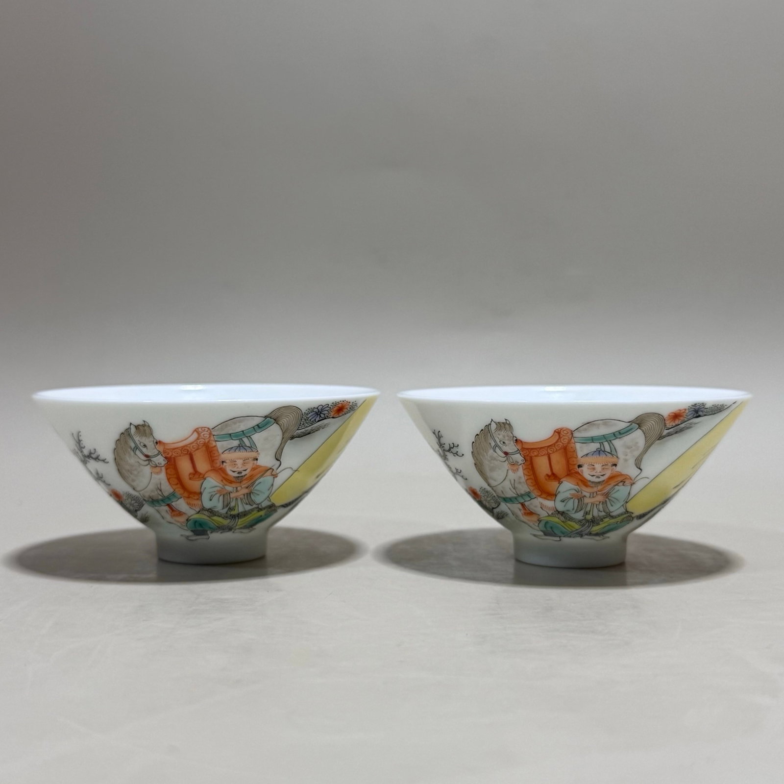 A Pair of Exquisite Famille-Rose Character and Story Pattern Cups: A Pair of Exquisite Famille-Rose Character and Story Pattern Cups,Qing Dynasty,China,Yongzheng Six-character Mark,Size:1.6inx3.3in