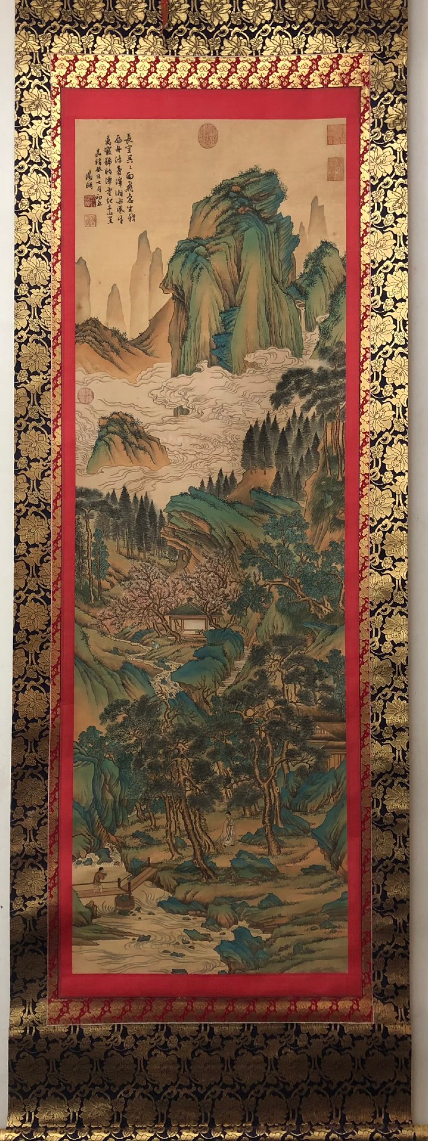 A Chinese Vertical Scroll Ink Painting of Landscape on Paper: A Chinese Vertical Scroll Ink Painting of Landscape on Paper,Wen Zhengming,Size:56.3inx17.7in 一幅中国水墨山水画立轴,文徵&