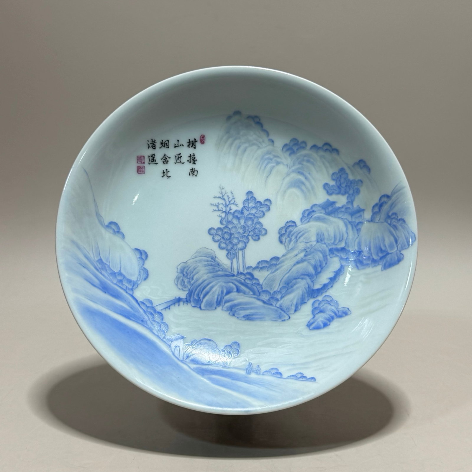 An Exquisite Sapphire Blue Glazed Landscape Pattern Plate,with poem: An Exquisite Sapphire Blue Glazed Landscape Pattern Plate,with poem,Qing Dynasty,China,Yongzheng Six-character Mark,Size:1.4inx6.9in 宝石蓝釉山水纹盘