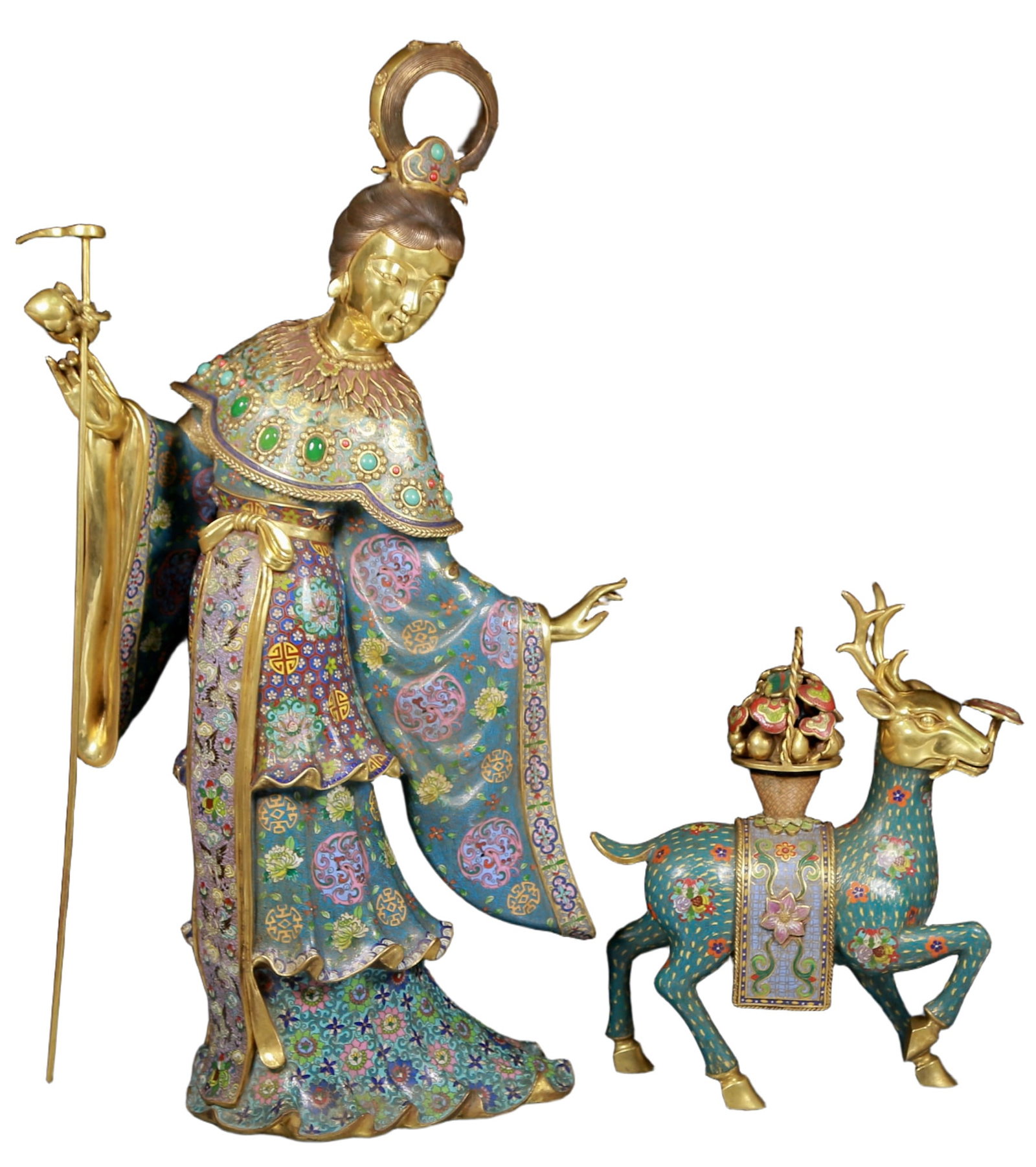 A Huge Cloisonne Inlaid Gems Figure and Deer Ornament: A Huge Cloisonne Inlaid Gems Figure and Deer Ornament,Qing Dynasty, China,Qianlong Six-character Mark,Size:18.5inx8.7inx34.6in,Total Weight:37.10kg 景泰蓝嵌宝石
