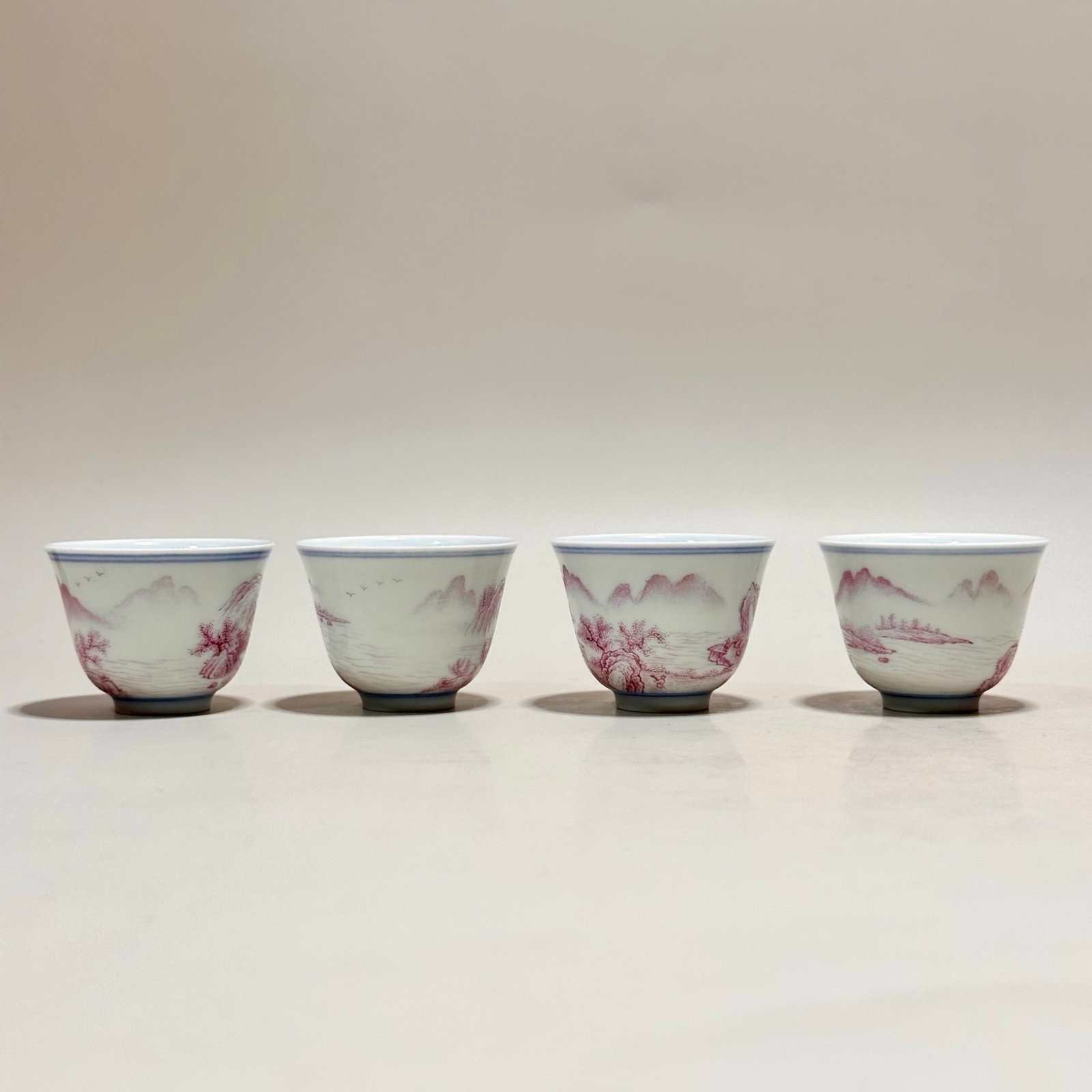A Set of Fine Ruby Red-Glazed Landscape Pattern Cups - 10