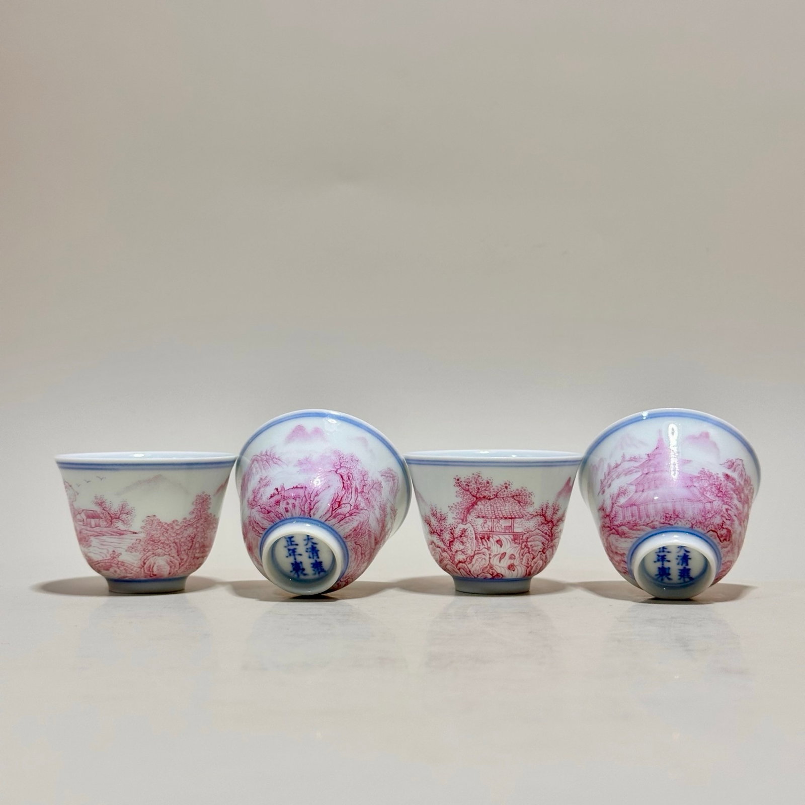 A Set of Fine Ruby Red-Glazed Landscape Pattern Cups - 3