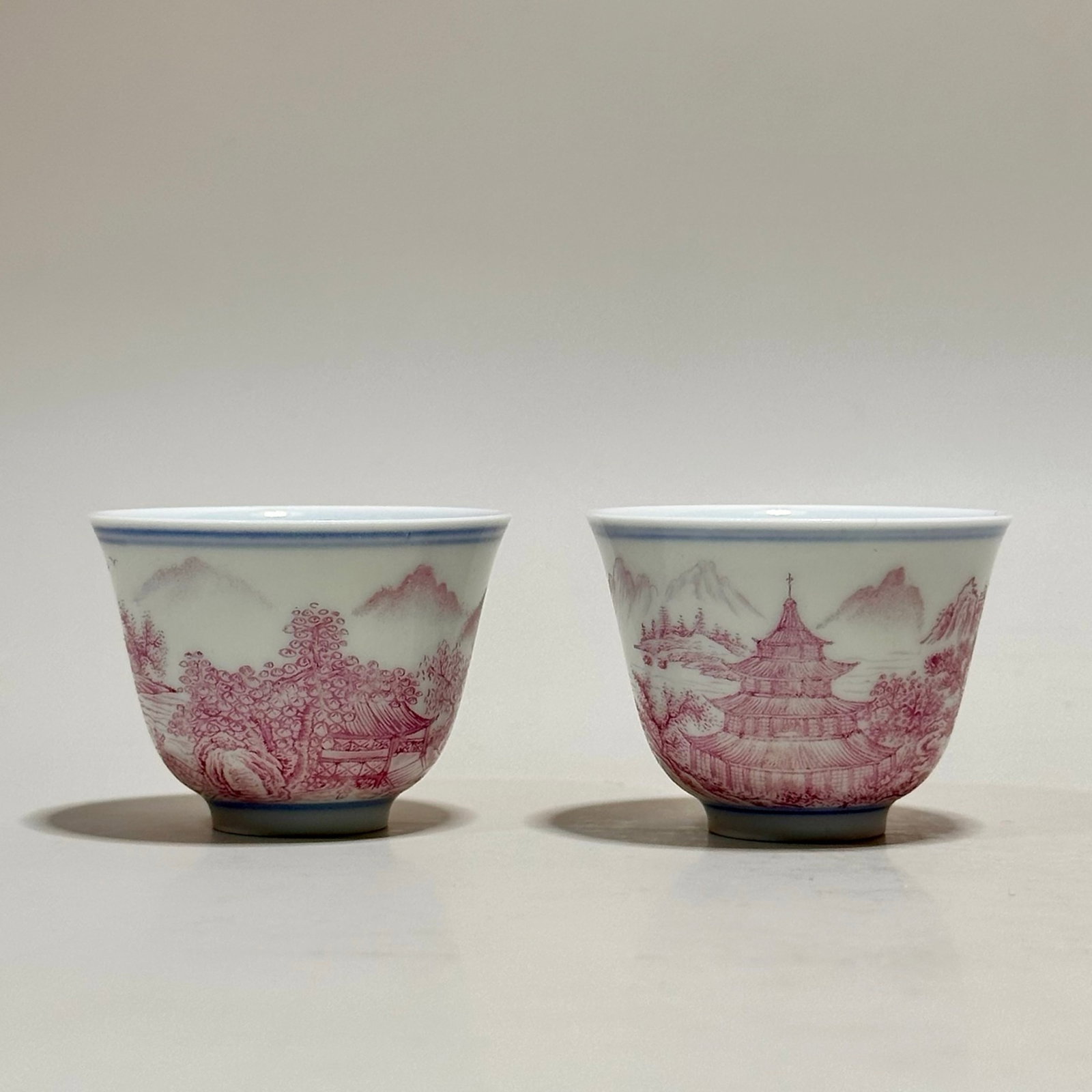 A Set of Fine Ruby Red-Glazed Landscape Pattern Cups - 4