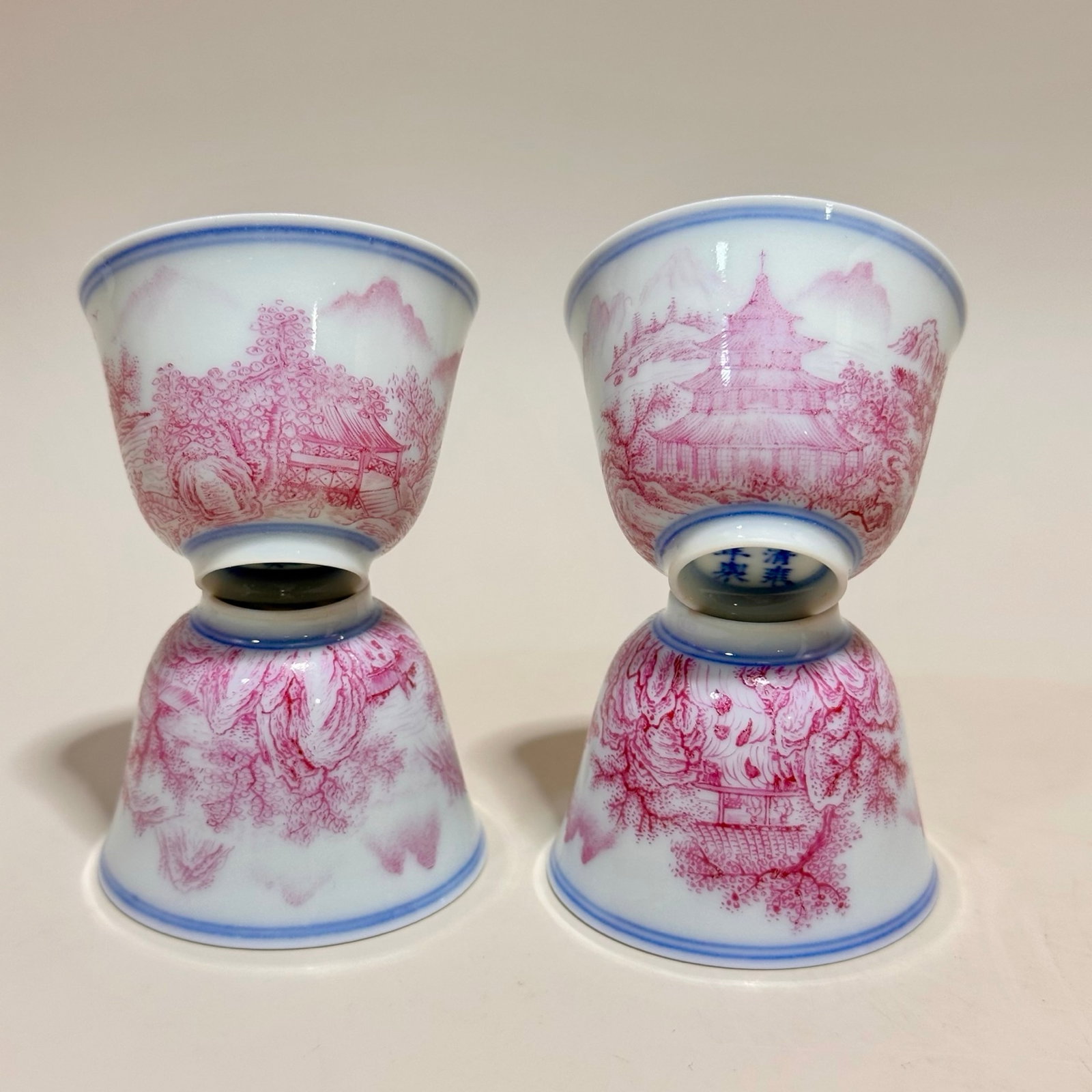 A Set of Fine Ruby Red-Glazed Landscape Pattern Cups - 5