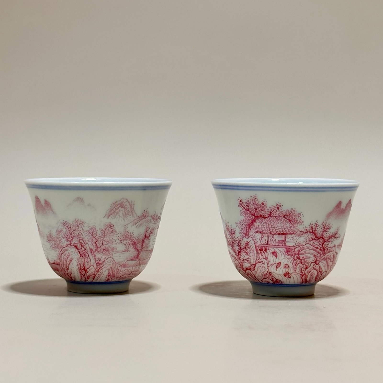 A Set of Fine Ruby Red-Glazed Landscape Pattern Cups - 6