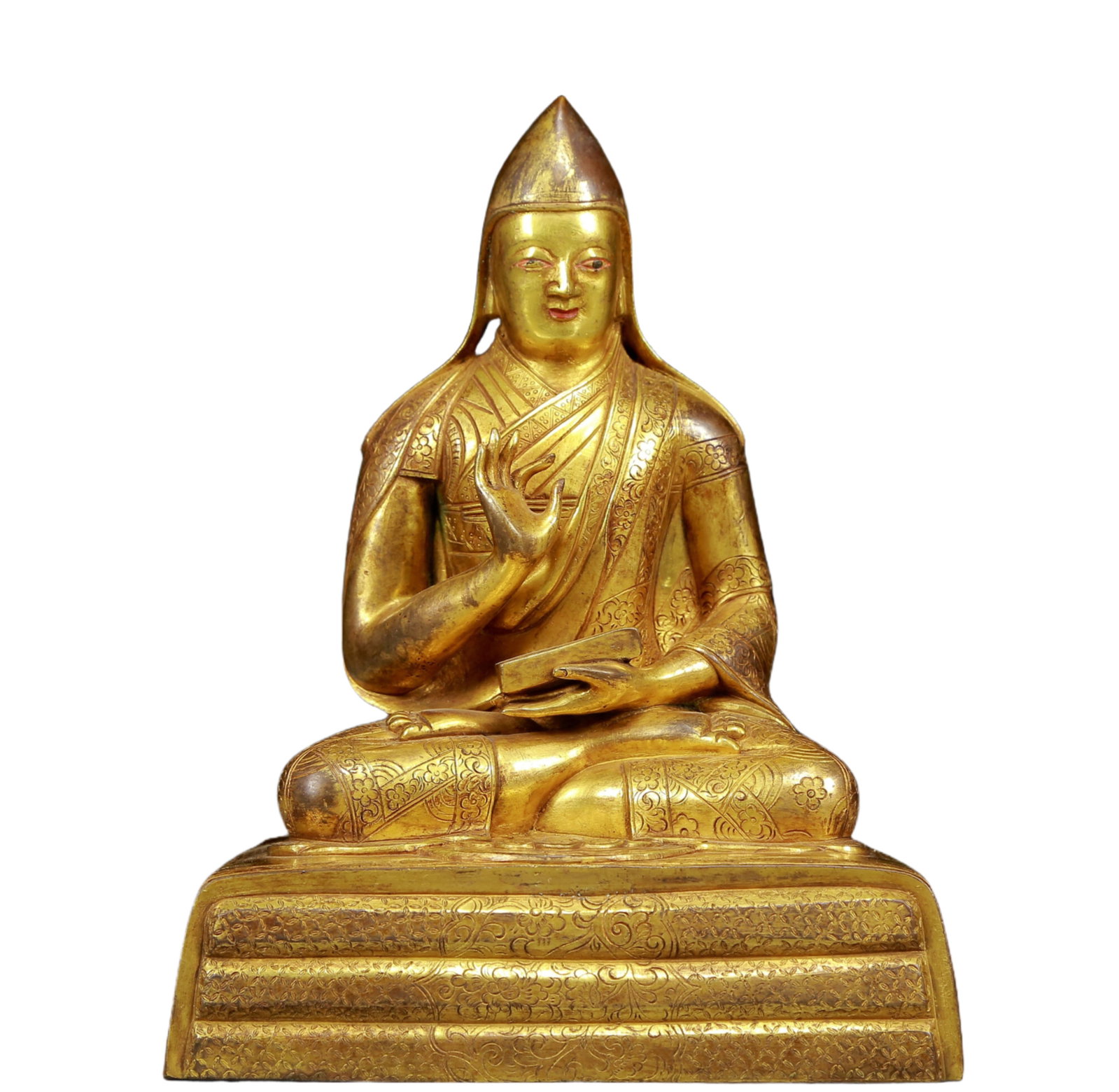 A Solemn Gilt Bronze Statue of Tsongkhapa: A Solemn Gilt Bronze Statue of Tsongkhapa,Ming Dynasty, China,Size:6.3inx4.3inx8.3in,Weight:1995g 铜鎏金宗喀巴像，明代