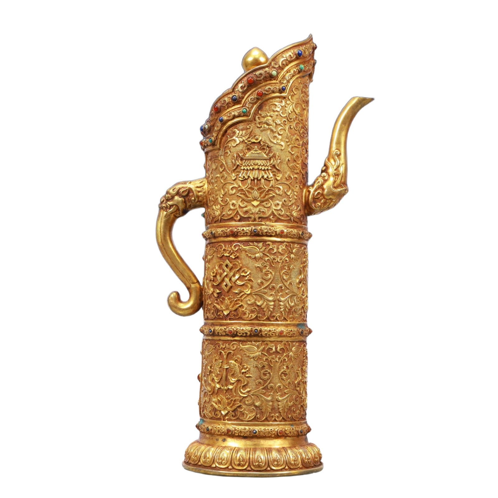 A Rare Gilt Bronze Eight Treasures Pattern Ewer,Inlaid Turquoise: A Rare Gilt Bronze Eight Treasures Pattern Ewer,Inlaid Turquoise,Qing Dynasty, China,Qianlong Four-character Mark,Size:8.3inx5.1inx15.7in,Weight:2950g 铜鎏金八宝纹&