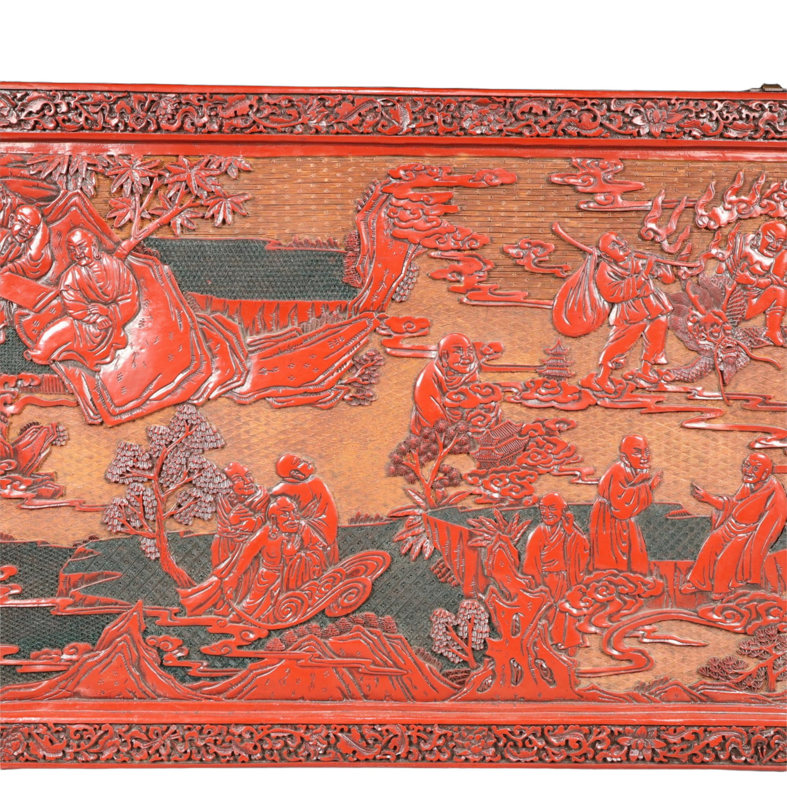 A Rare Carved Red Lacquer Arhat Pattern Hanging Panel - 3