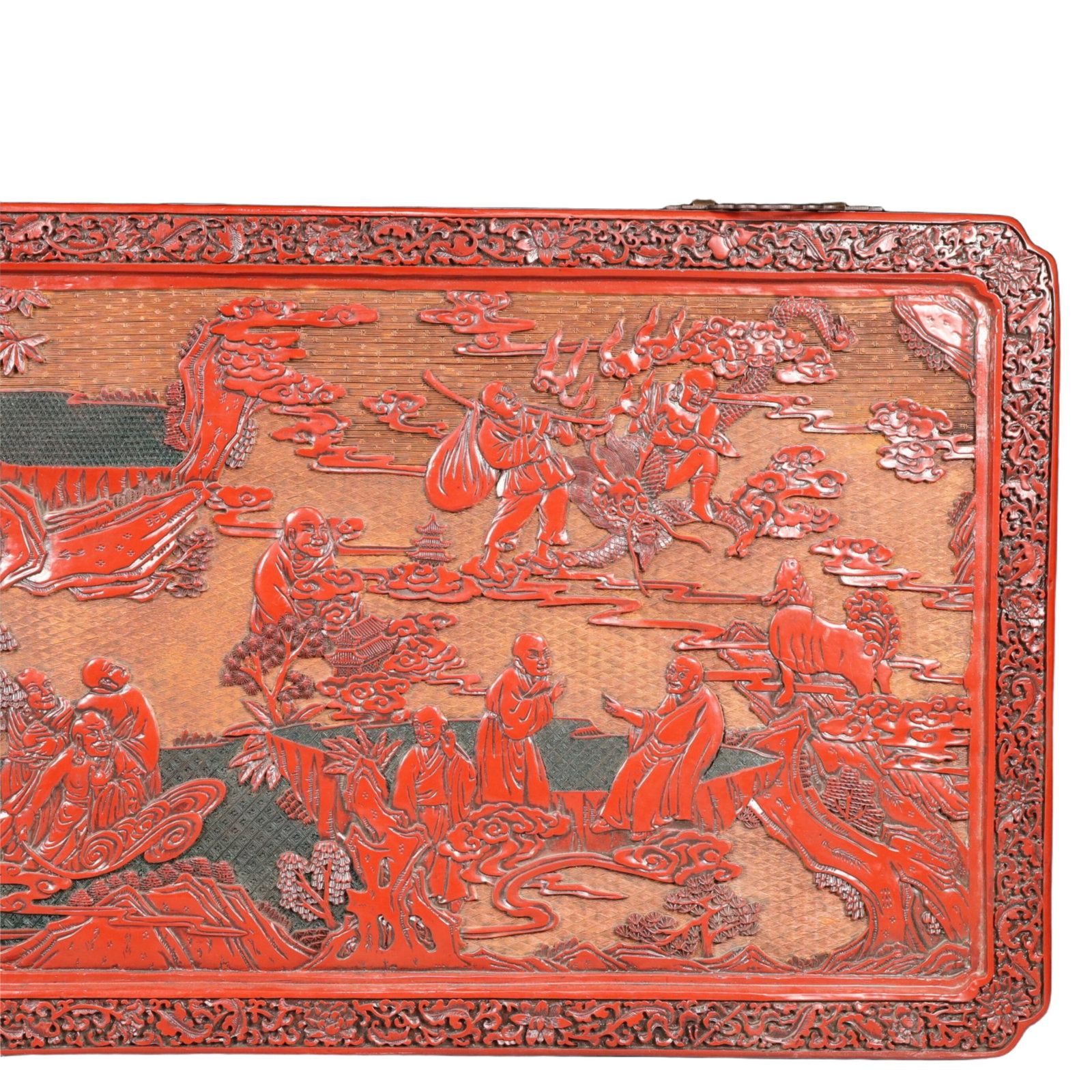 A Rare Carved Red Lacquer Arhat Pattern Hanging Panel - 4