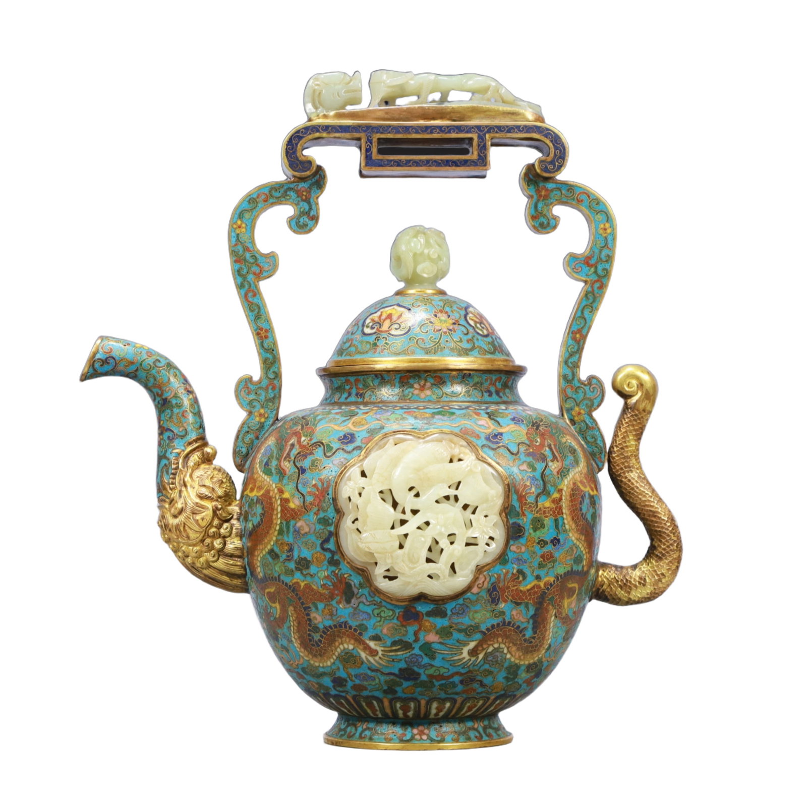 A Rare Cloisonne Inlaid White Jade Auspicious Cloud and Dragon Pattern Ewer: A Rare Cloisonne Inlaid White Jade Auspicious Cloud and Dragon Pattern Ewer,Qing Dynasty, China,Qianlong Four-character Mark,Size:12.2inx7.1inx13.4in,Weight:2950g 景泰蓝嵌į